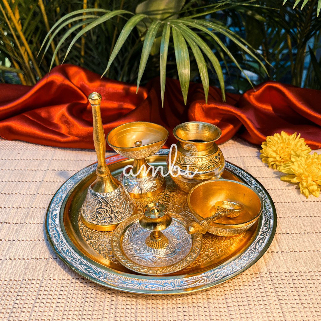 AMBI Pure Brass Puja Thali Set – Traditional Engraved Design
