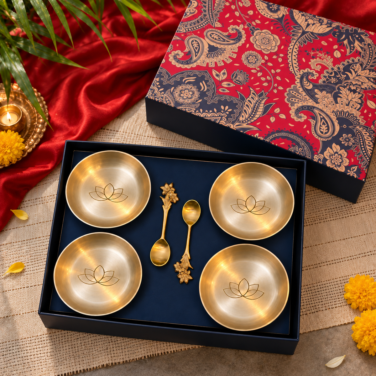 Ambi Kansa Dessert Plate with Lotus Design and Spoon Gift Box - Set of 4