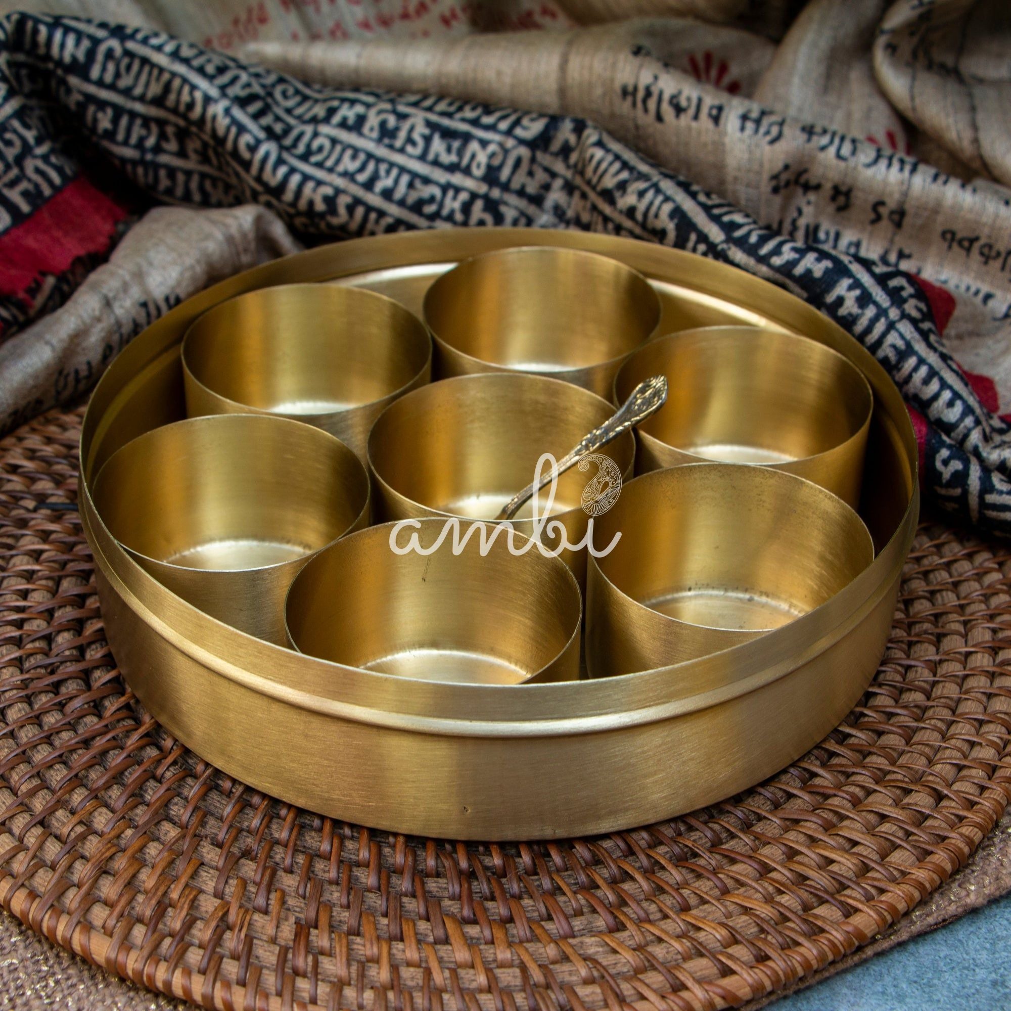 Ambi Lotus Pure Brass Spice Box Masala Daani with 7 Spice Containers - Inlay Work
