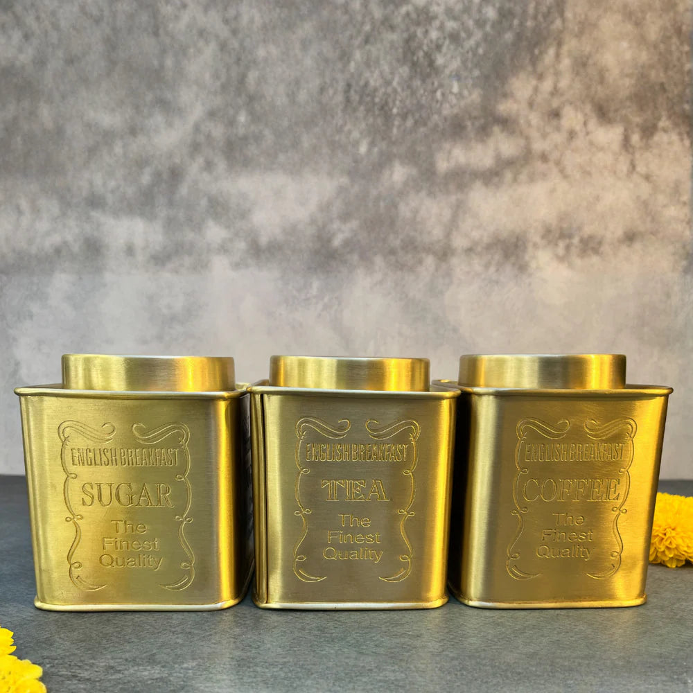 AMBI Tea, Sugar & Coffee Jars - Pure Brass Elegant Etched - Storage container- Set of 3 Gift Box