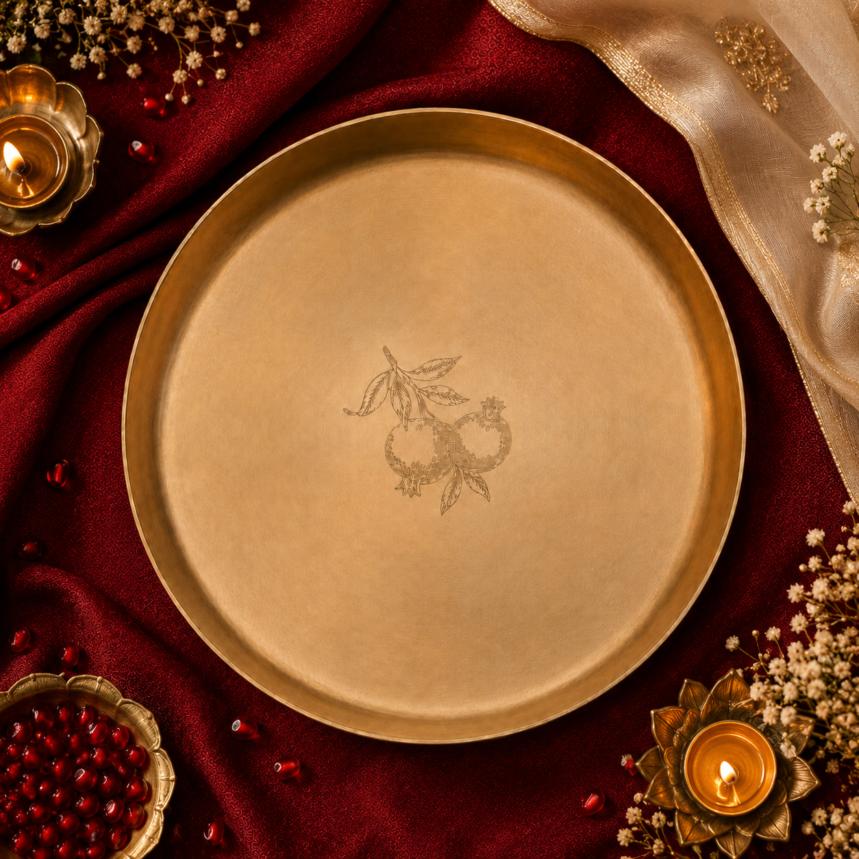 AMBI 100% Pure Lead Free Kansa Plate With Pomegranate Hand Etched Design— 11 Inch High Edge | Dessert & Puja Plate
