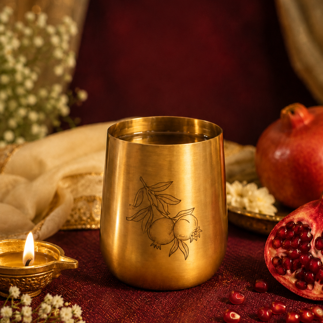 Ambi Pure Brass Urban Style Glass With Pomegranate Hand Etched Design – Handcrafted Drinkware for Elegant Dining