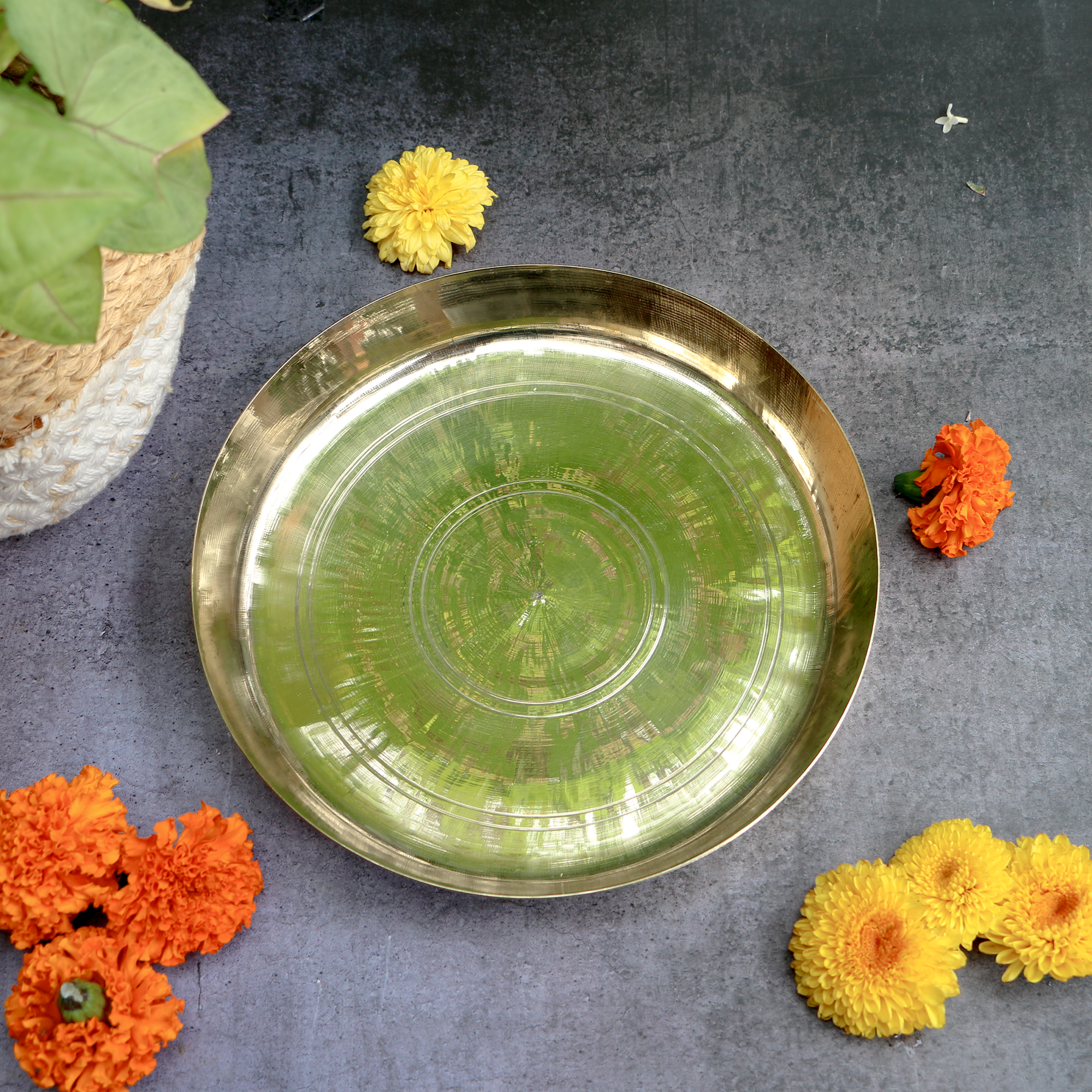 Ambi Pure Brass Peetal Everyday Use Thali Plate - 9 inches Diameter