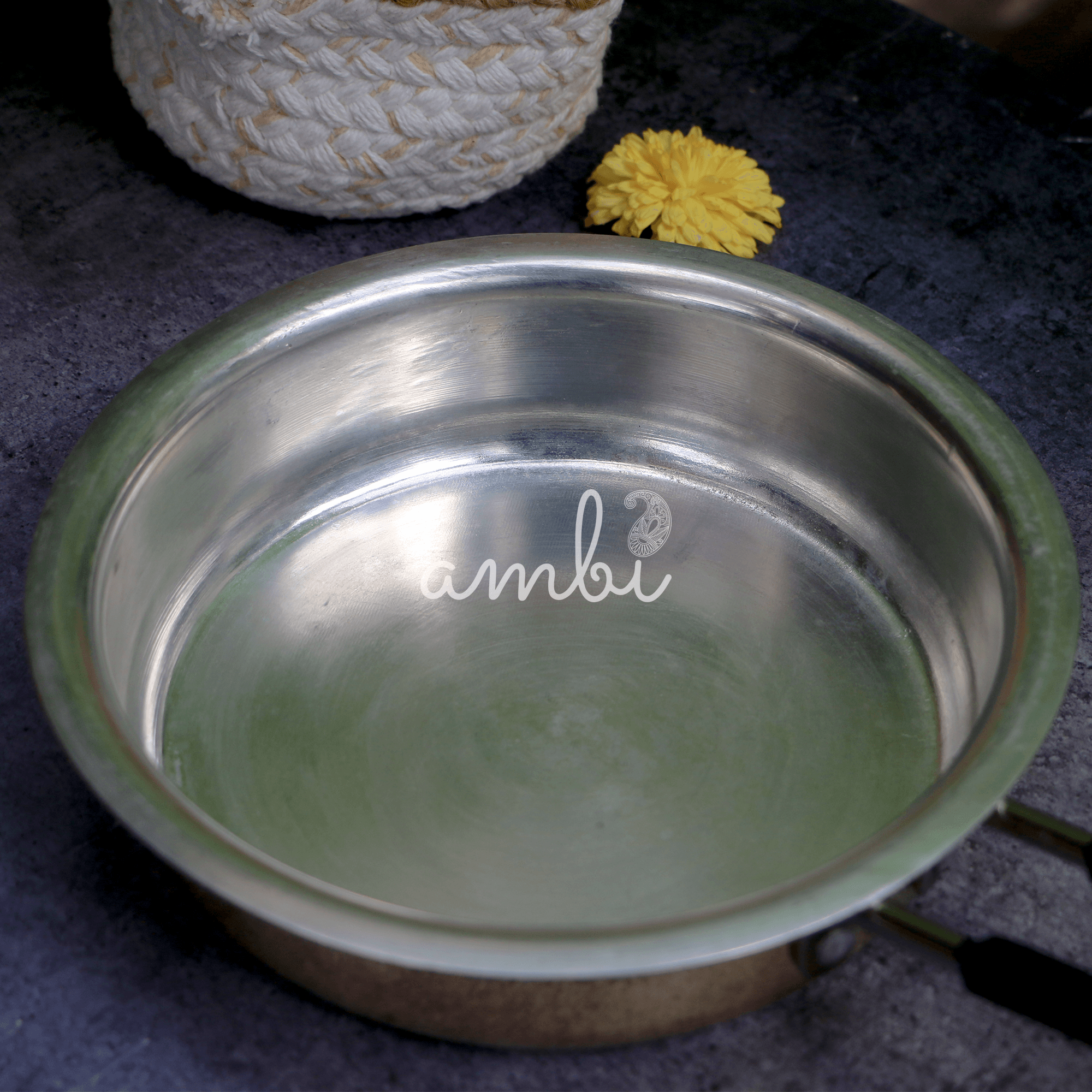 Ambi Pure Brass Peetal Frying Pan with Tin Coating 'Kalai' - 8.5 inches with edge