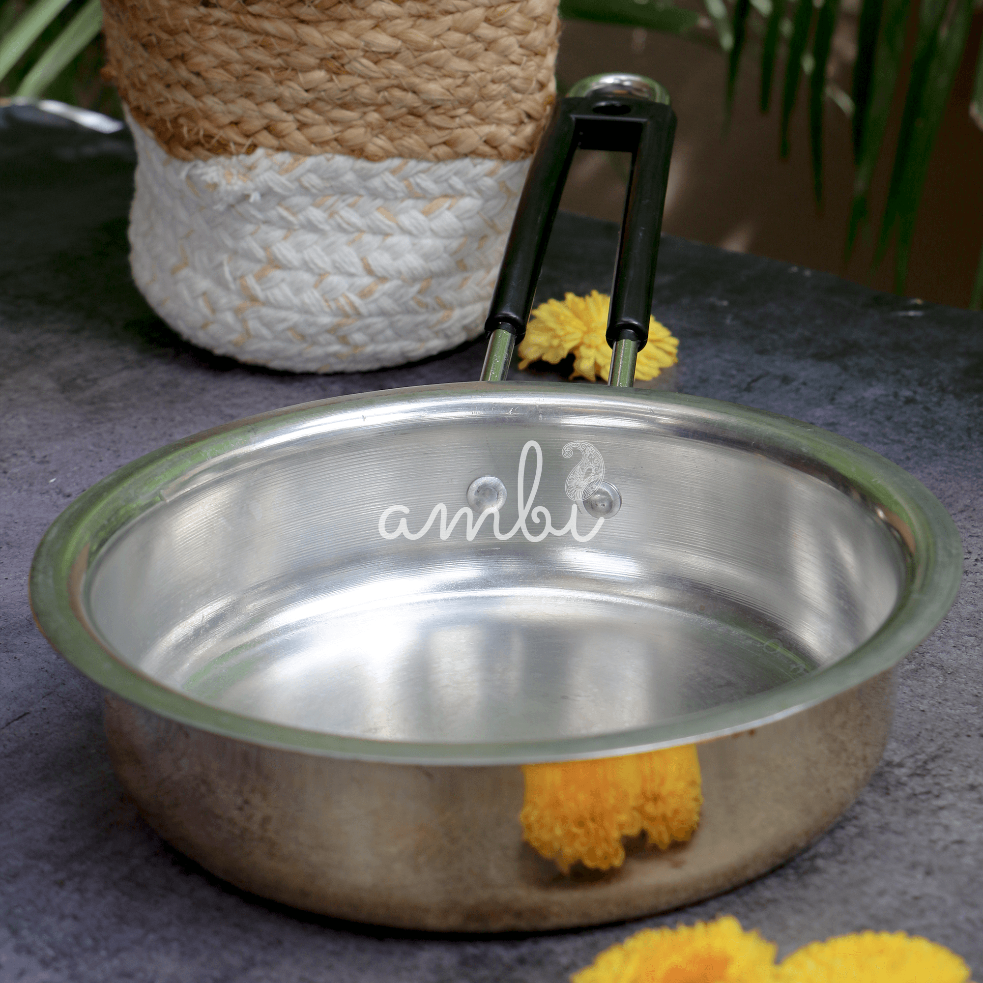 Ambi Pure Brass Peetal Frying Pan with Tin Coating 'Kalai' - 8.5 inches with edge