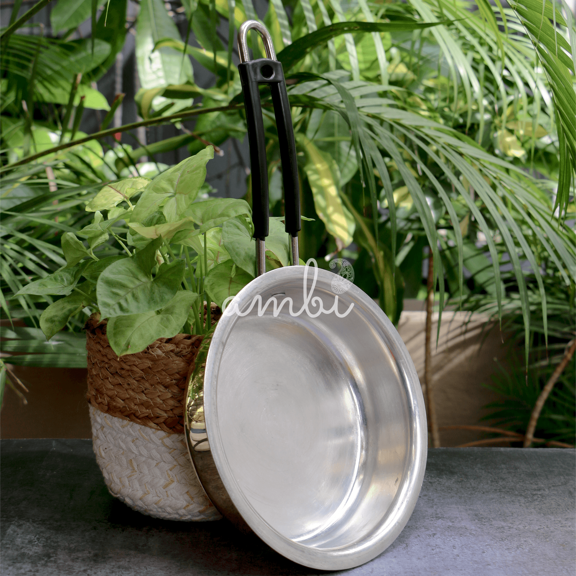 Ambi Pure Brass Peetal Frying Pan with Tin Coating 'Kalai' - 8.5 inches with edge