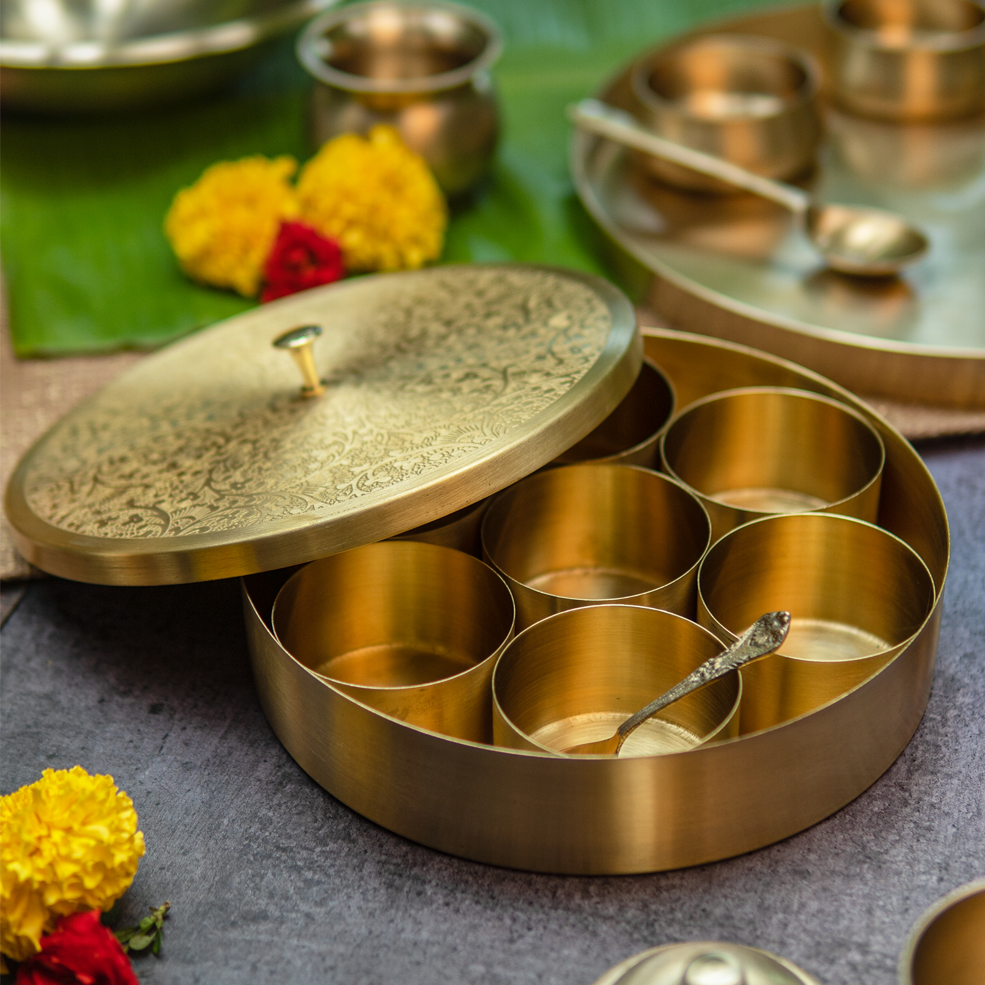 Intricately Etched Brass Spice Chest Masala Daani (7 Containers) - Large - 8 Inches