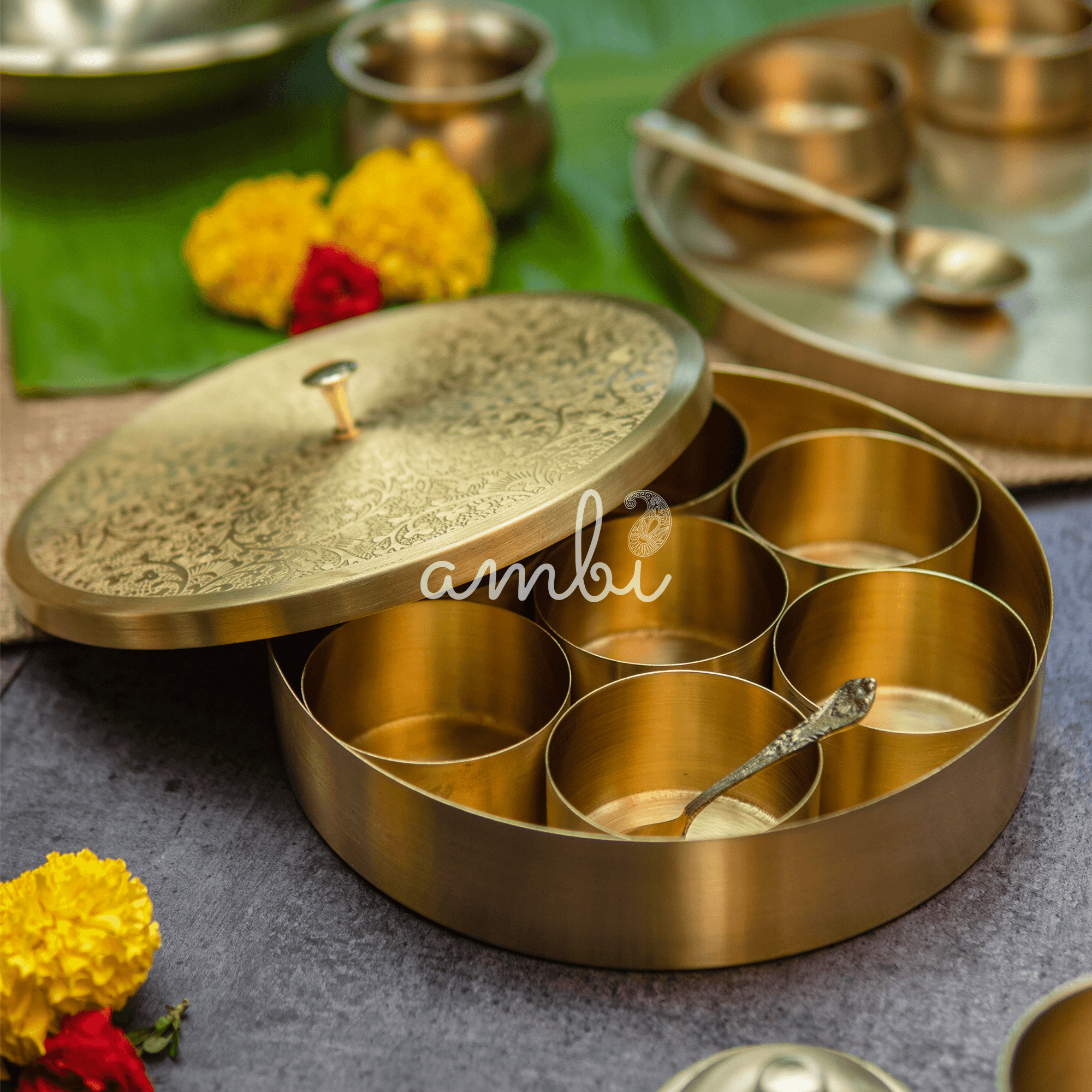 Intricately Etched Brass Spice Chest Masala Daani (7 Containers) - Large - 8 Inches