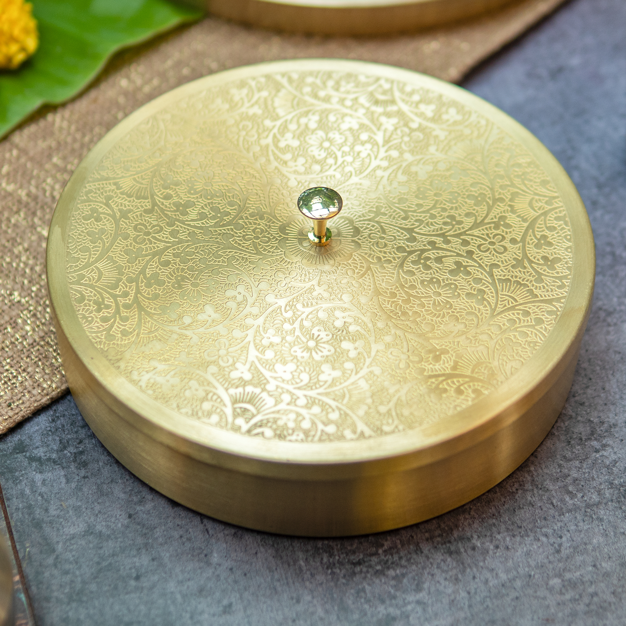 Intricately Etched Brass Spice Chest Masala Daani (7 Containers) - Large - 8 Inches