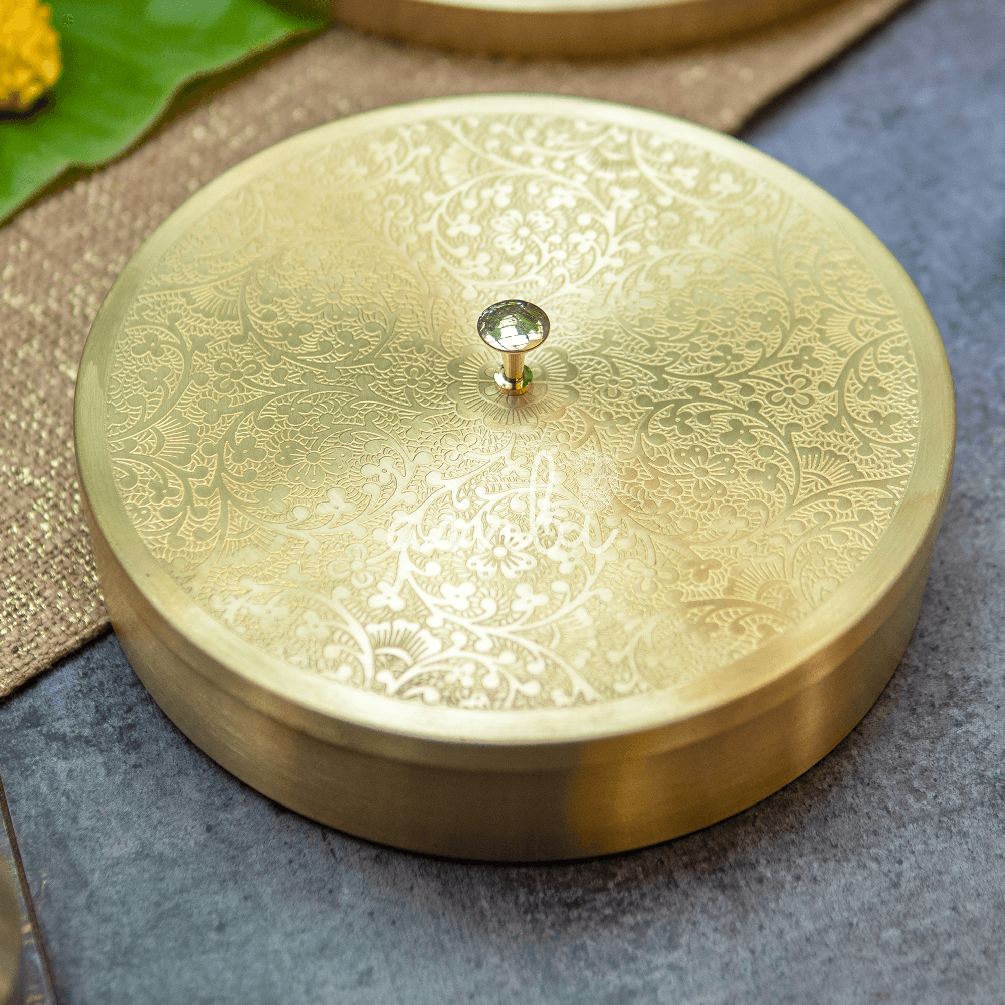 Intricately Etched Brass Spice Chest Masala Daani (7 Containers) - Large - 8 Inches