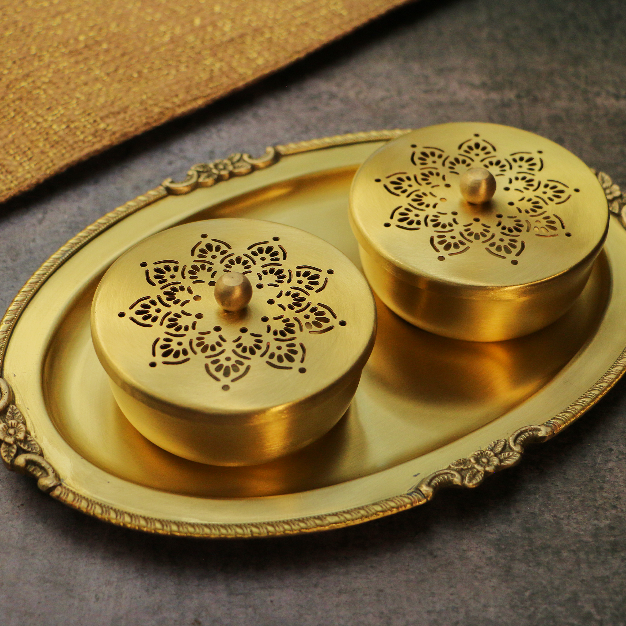 Brass Inlay Spice / Nut Storage Boxes - 3.5 inches with Serving Tray - 3 pcs set