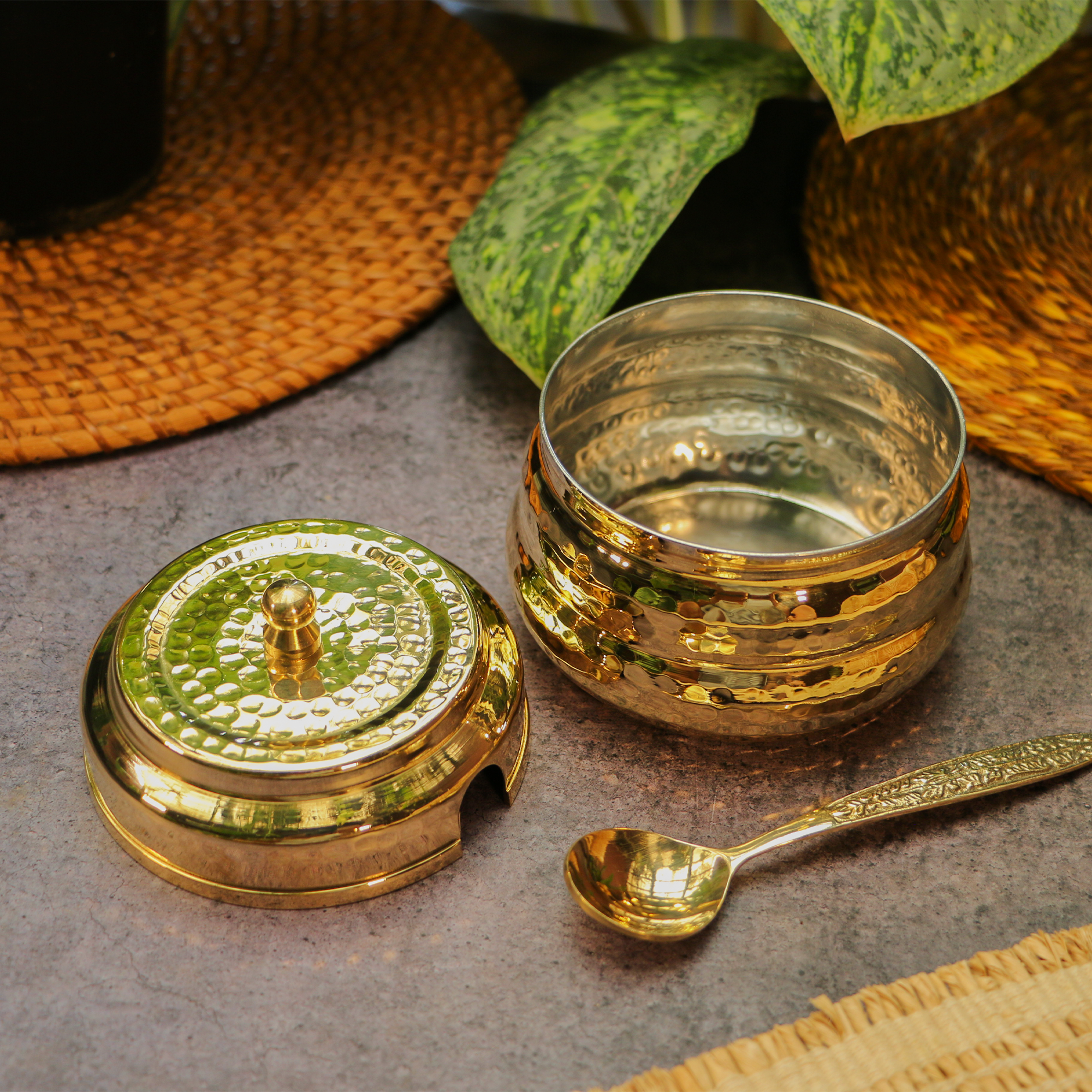 Pure Brass Ghee Pot (Matte) With Spoon - Hammered Gold Finish - Protective Tin Coating Inside