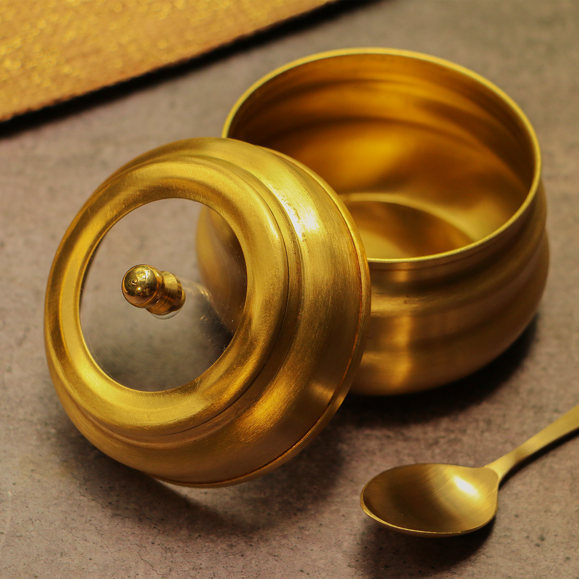 Pure Brass Ghee Pot With Spoon - Gold Finish / Transparent Top