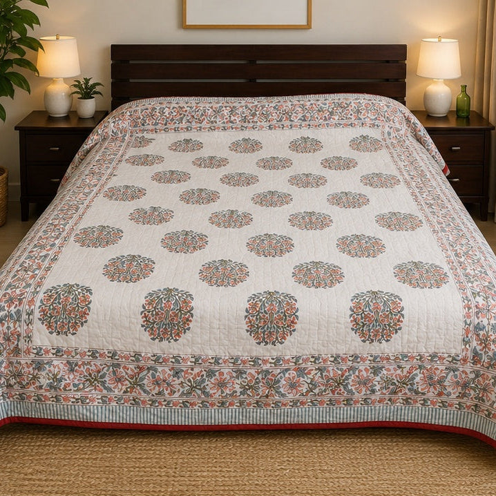 Diwali 26 Collection - Pink Flowers Hand Block Printed Jaipuri Rajai Quilt- Double - 90X108 Inches