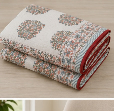 Diwali 26 Collection - Pink Flowers Hand Block Printed Jaipuri Rajai Quilt- Double - 90X108 Inches