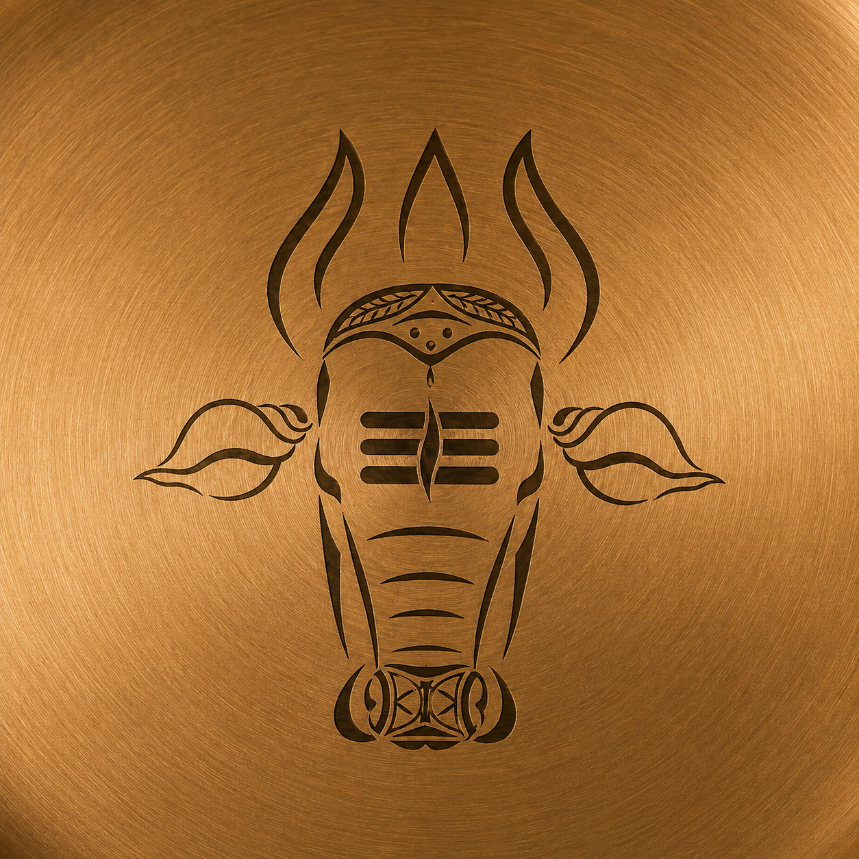 A close-up of a circular metallic gold surface with a black stylized horned Nandi head graphic centered on it.
