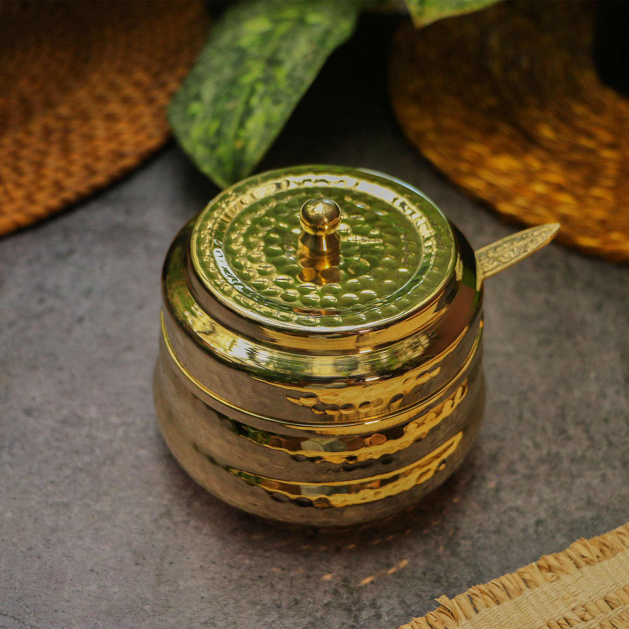 Pure Brass Ghee Pot (Matte) With Spoon - Hammered Gold Finish - Protective Tin Coating Inside