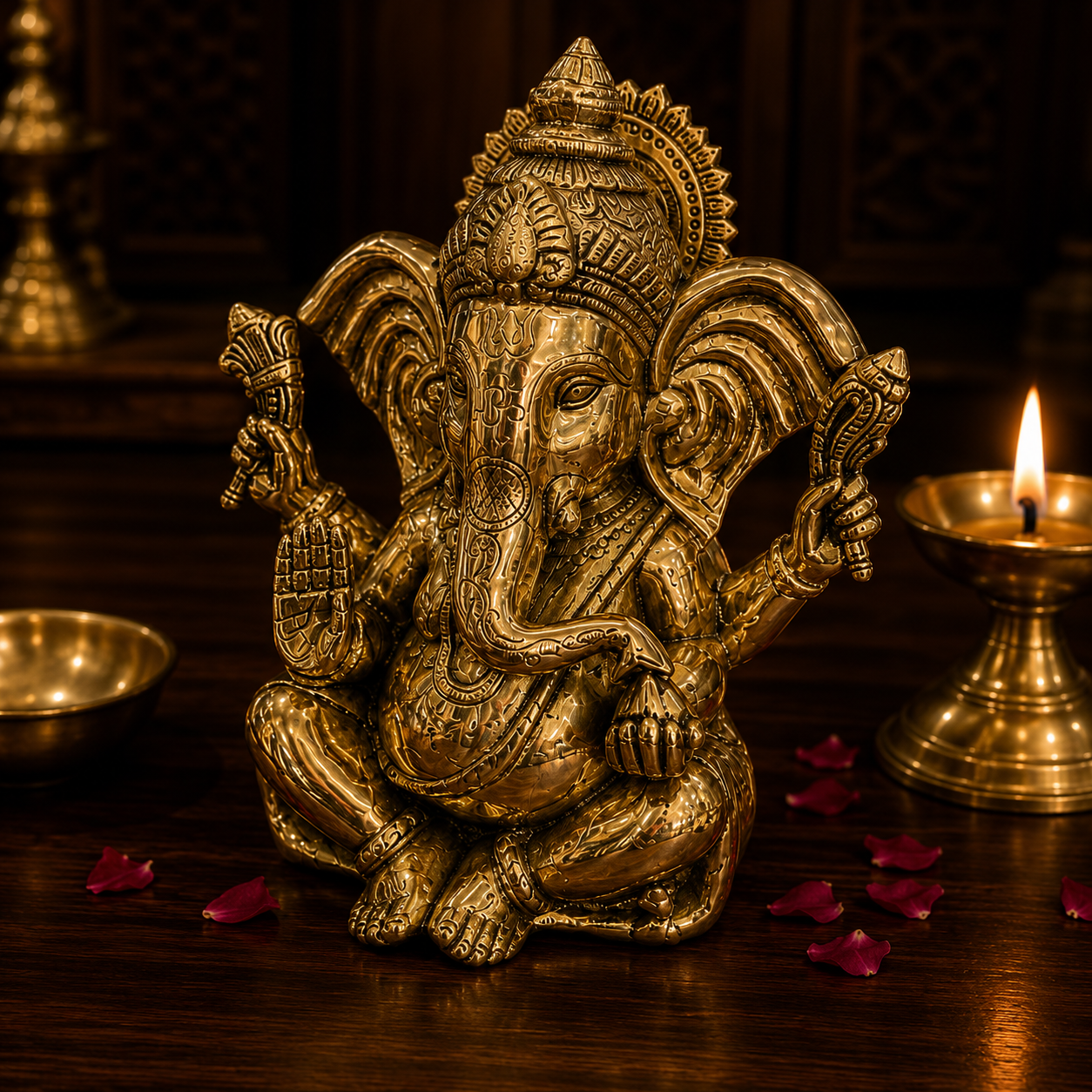 A golden brass Lord Ganesha statue sitting on a dark wooden surface, flanked by a lit brass oil lamp on the right and a small bowl on the left, with scattered red rose petals in front.
