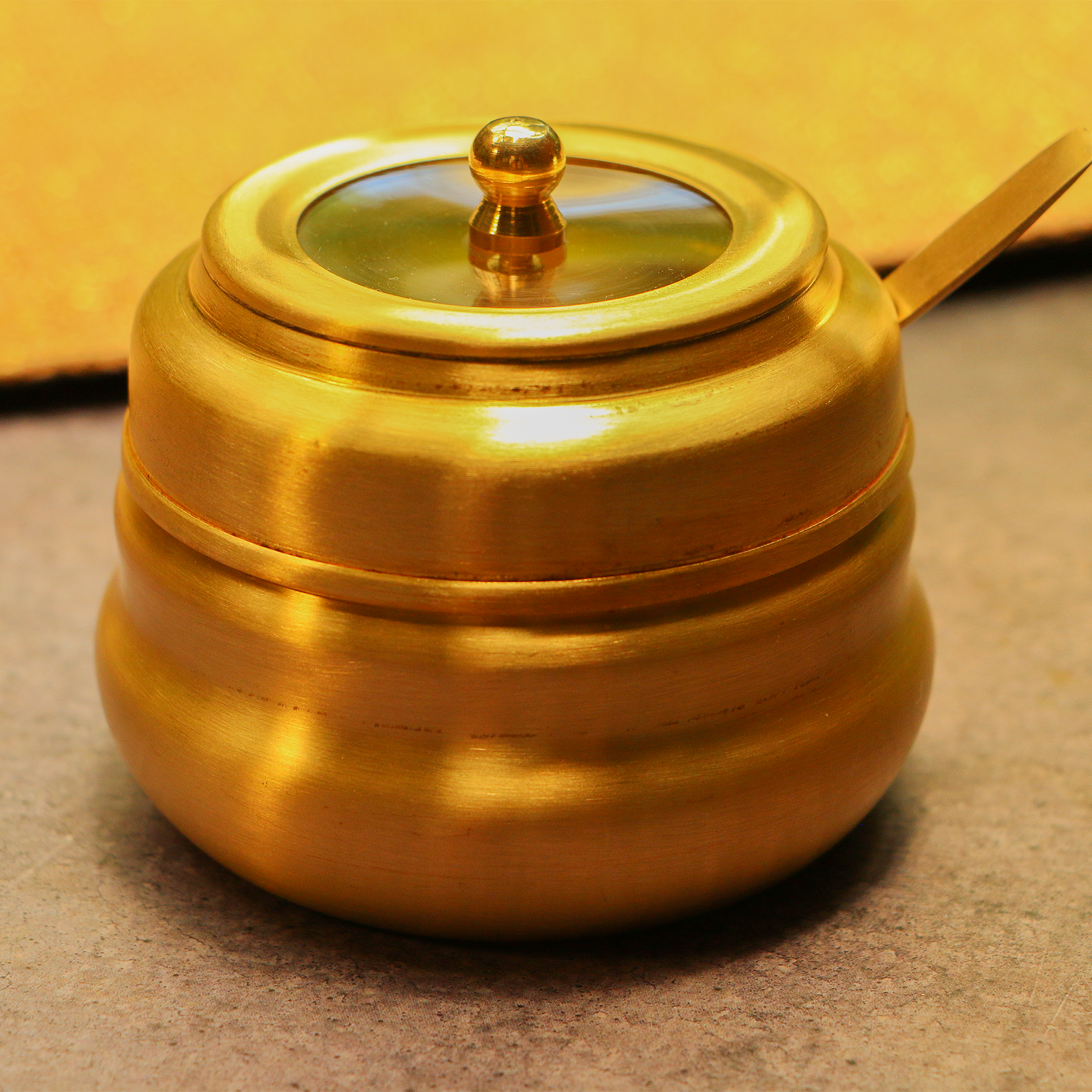 Pure Brass Ghee Pot With Spoon - Gold Finish / Transparent Top