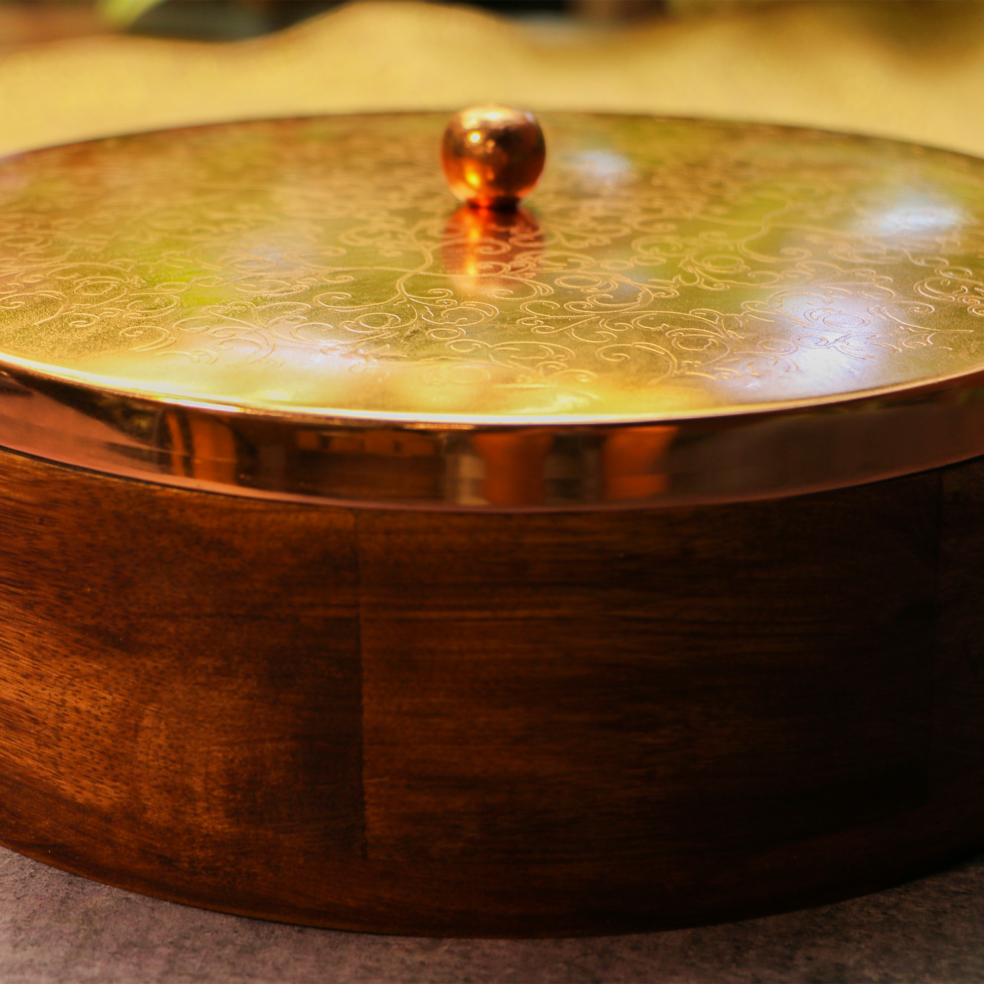 Finely Engraved Chapati / Roti Box - 9 Inches Diameter with Tongs  - Copper Shade