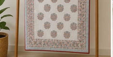 Diwali 26 Collection - Pink Flowers Hand Block Printed Jaipuri Rajai Quilt- Double - 90X108 Inches