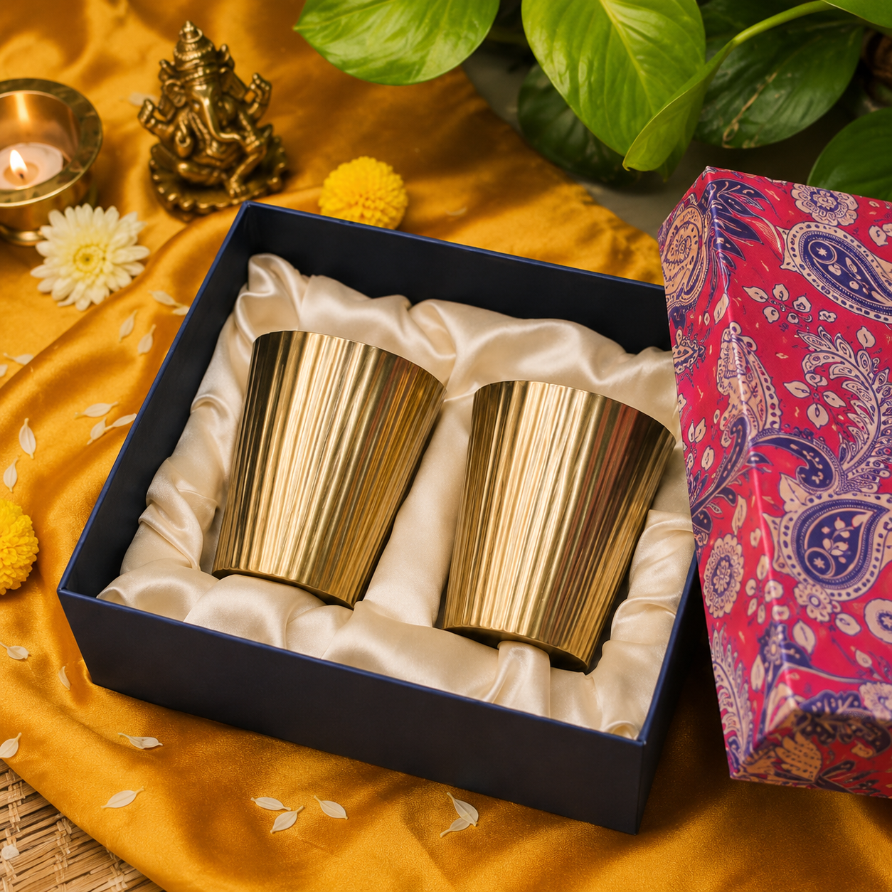Ambi Home 100% Pure Lead-Free Brass Glass Gift Set of 2 | Handcrafted Brass Tumbler Gift Box