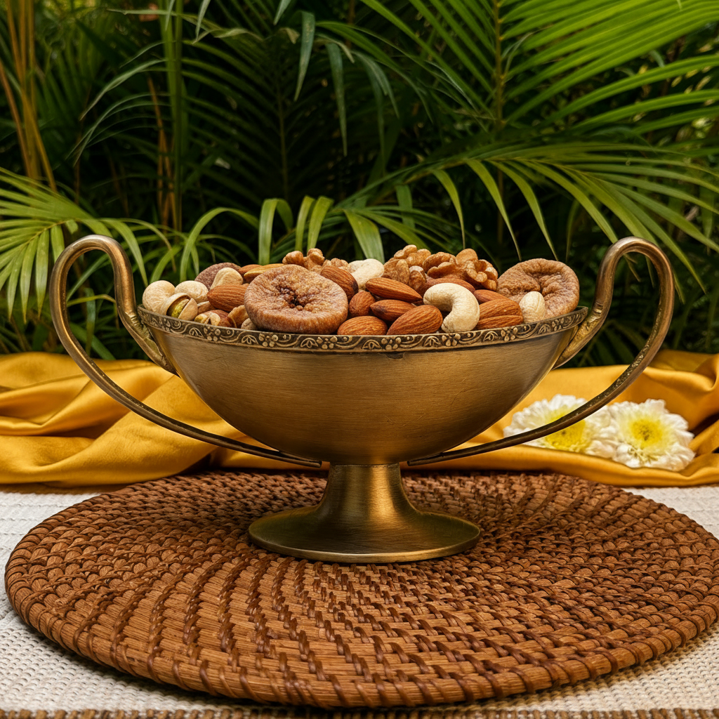An ornate bronze-colored pedestal bowl with two handles, styled on a woven brown placemat with a gold fabric and white flowers in the background, set against a backdrop of green palm leaves.