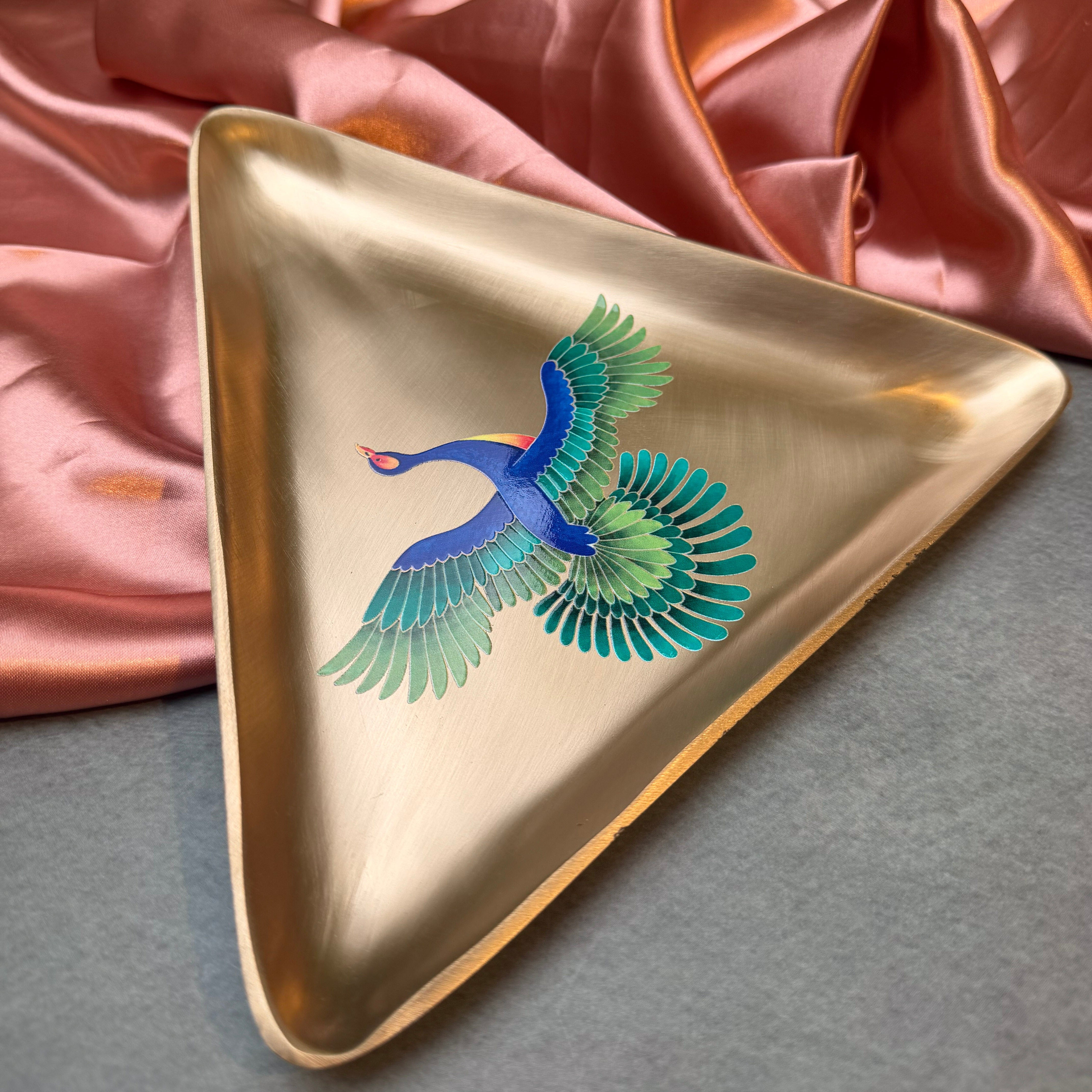 AMBI 100% Pure Kansa Pattachitra Birds - Hand-Painted Finish Triangle Platter | Heavy | Smooth Finish