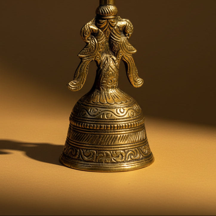 Ambi Pure Brass Handheld Pooja Bell with Lord Ganesh – Intricately Crafted Hand Bell for Aarti & Prayer - 8 Inch Height
