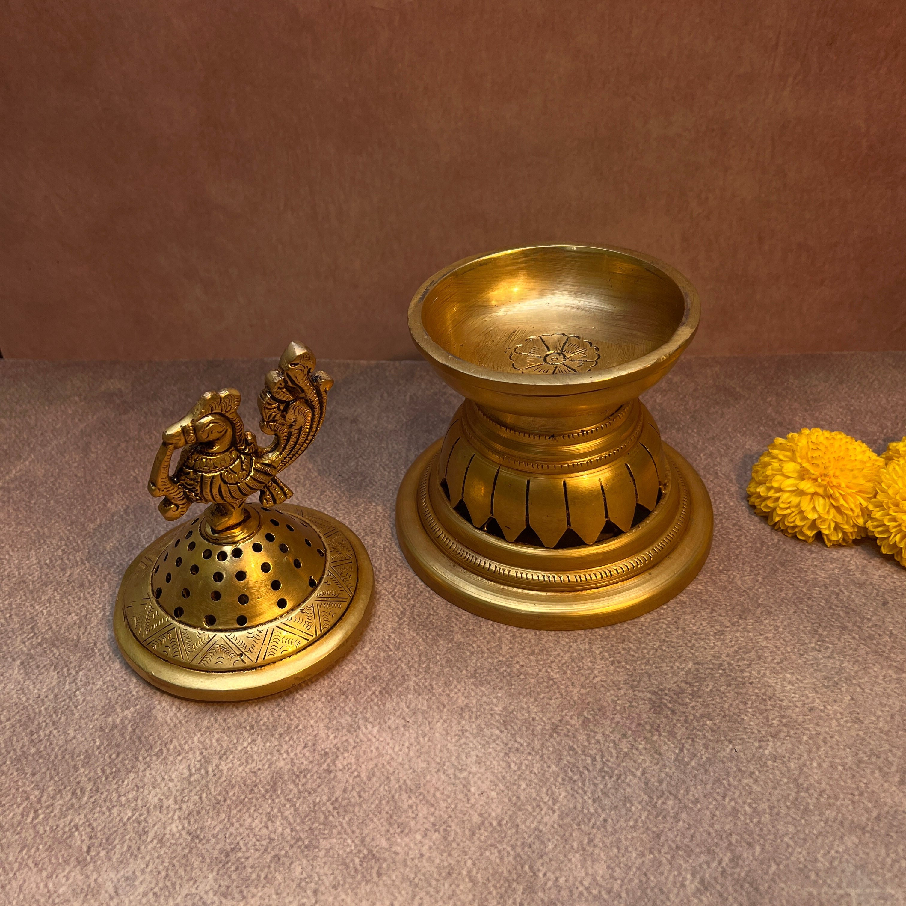 Lotus Base Peacock Top Brass Dhuni Loban Sambrani Incense Burner (Large)