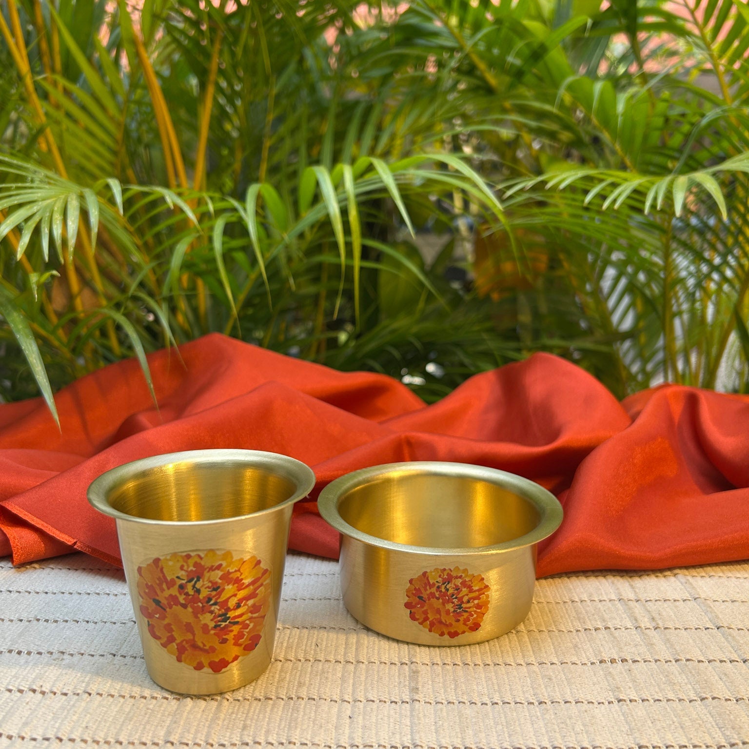 Ambi Pure Brass Marigold Hand-Painted South Indian Coffee Dabara Set