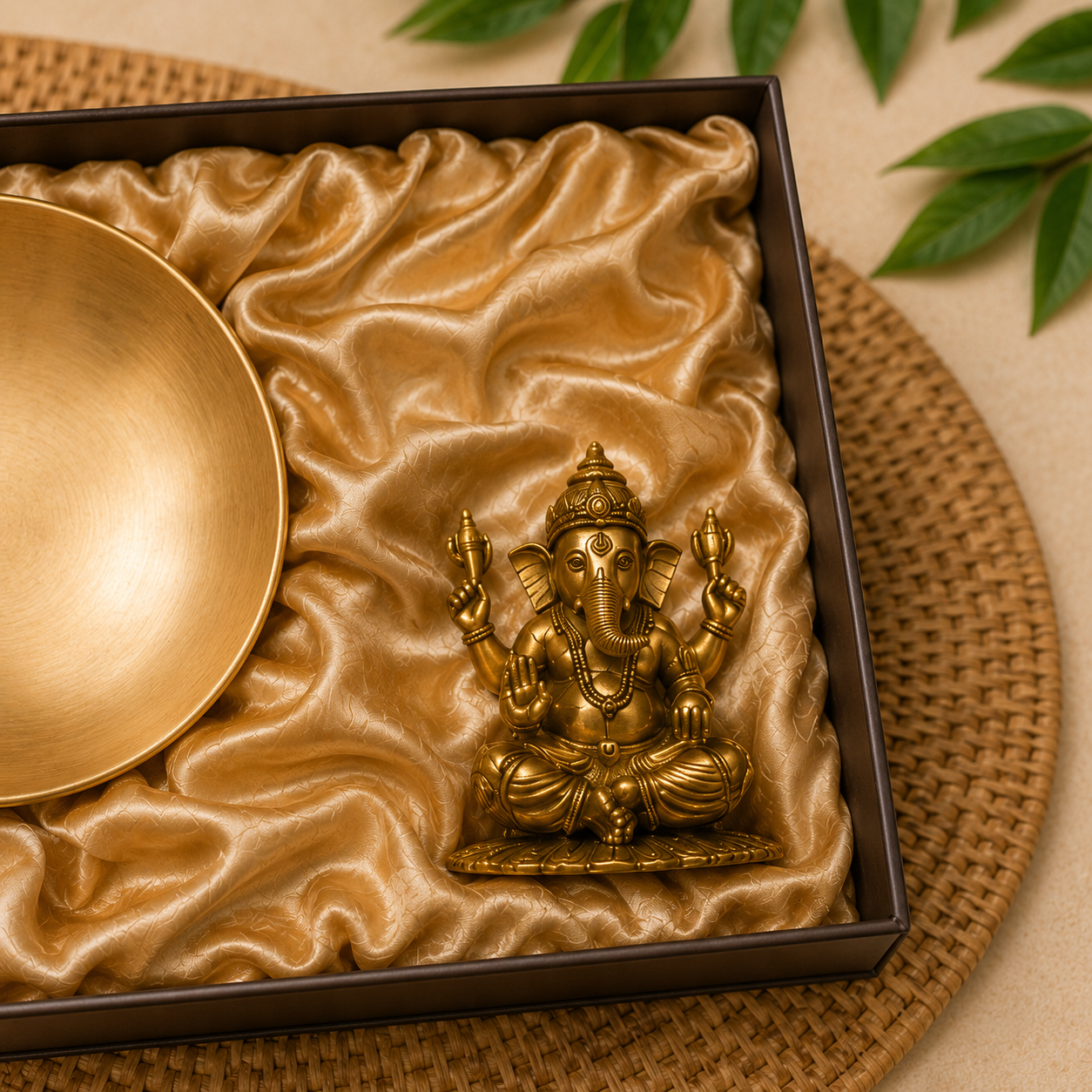 A brass Ganesha idol and a matching brass bowl presented in a dark box lined with shiny gold satin, placed on a woven mat with green leaves in the background.
