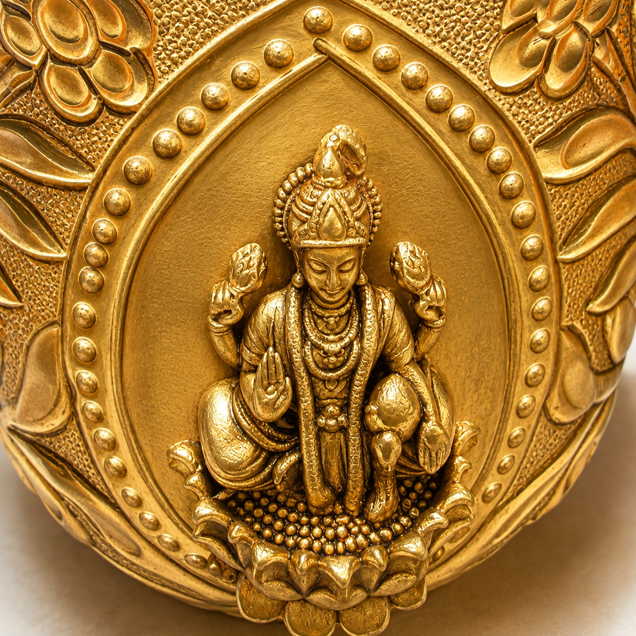 Close-up of an ornate gold-toned decorative object featuring a detailed seated deity figure in relief, surrounded by beaded oval borders and embossed floral motifs.