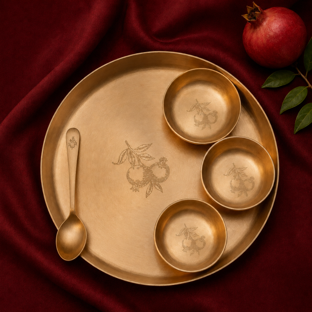 Ambi Pure 100% Lead Free Kansa Thali Set of 6 - with Pomegranate Hand Etched Design
