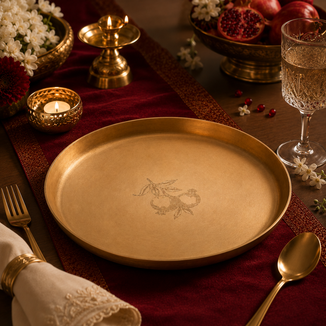 AMBI 100% Pure Lead Free Kansa Plate With Pomegranate Hand Etched Design— 11 Inch High Edge | Dessert & Puja Plate