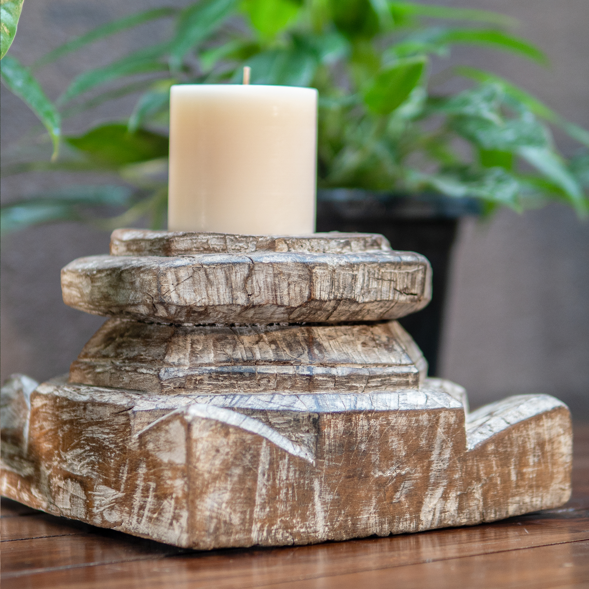 Vintage Wooden Distressed Candle Stand in White