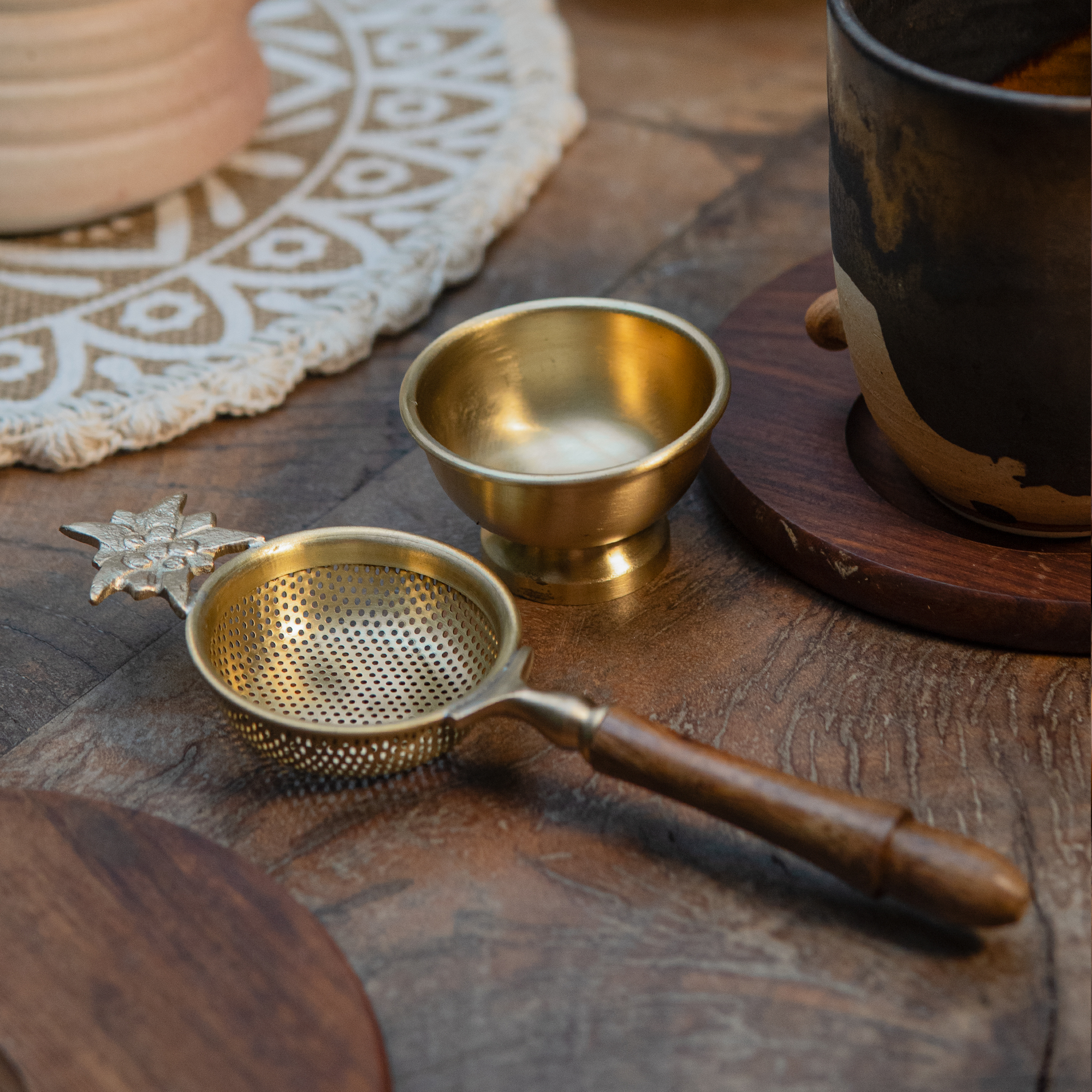 Gold Flower Matte Finish Brass Medium Sized Tea Strainer 2 Piece Set With Wooden Holder and Resting Pot