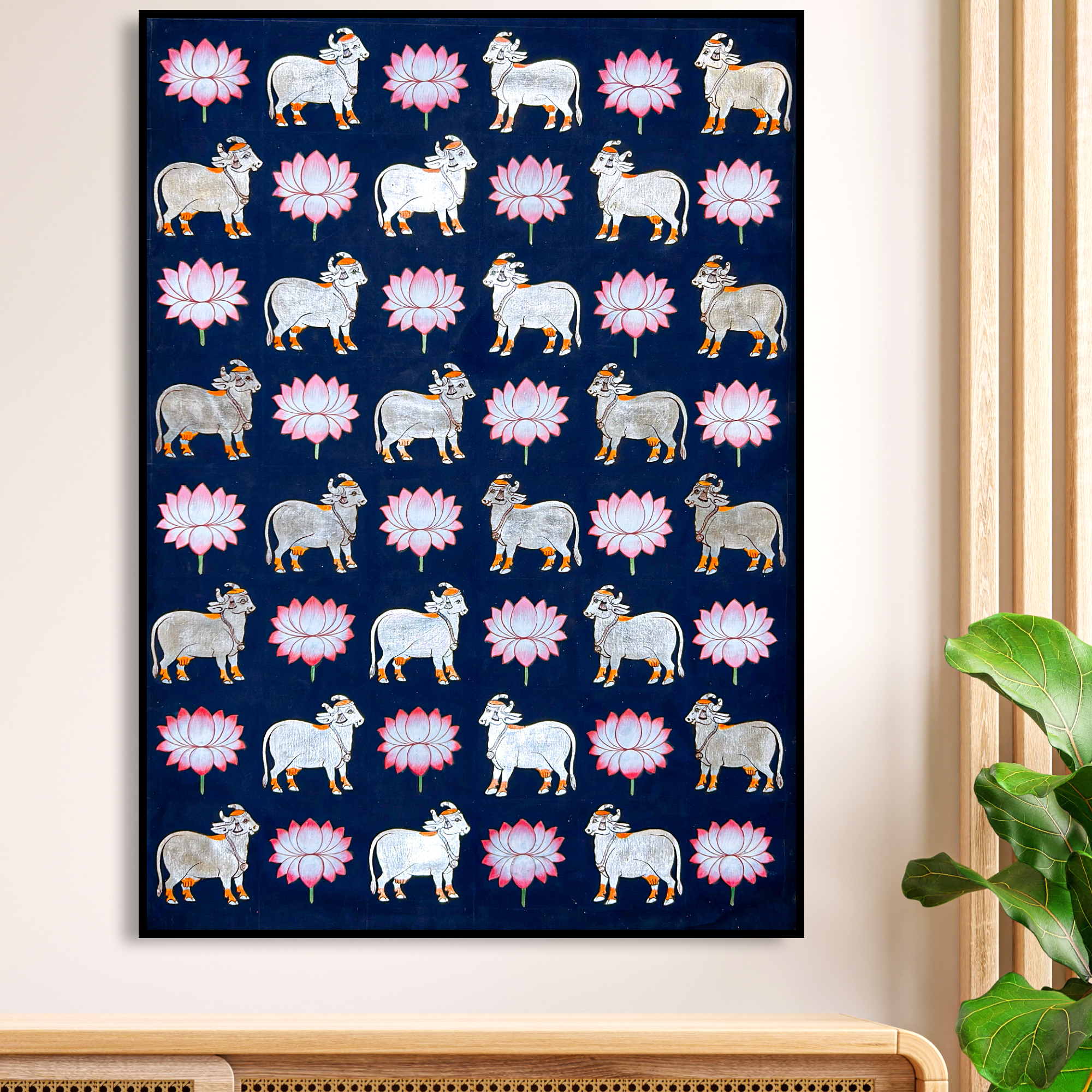 Handmade Pichwai Art -Shreenathji Silver Cows on Dark Blue background painting