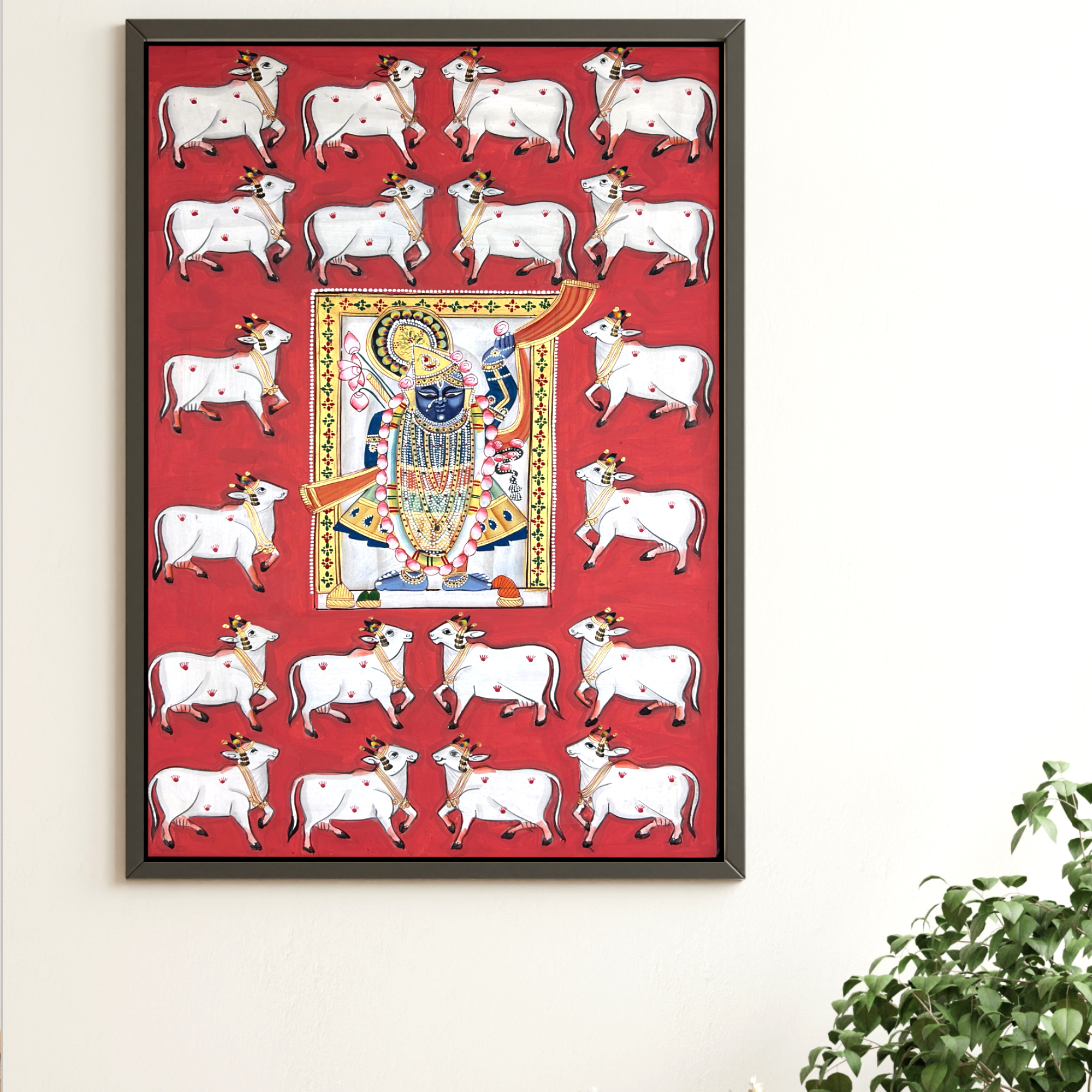 Pichwai Art - Handmade Shreenathji and Cows Painting