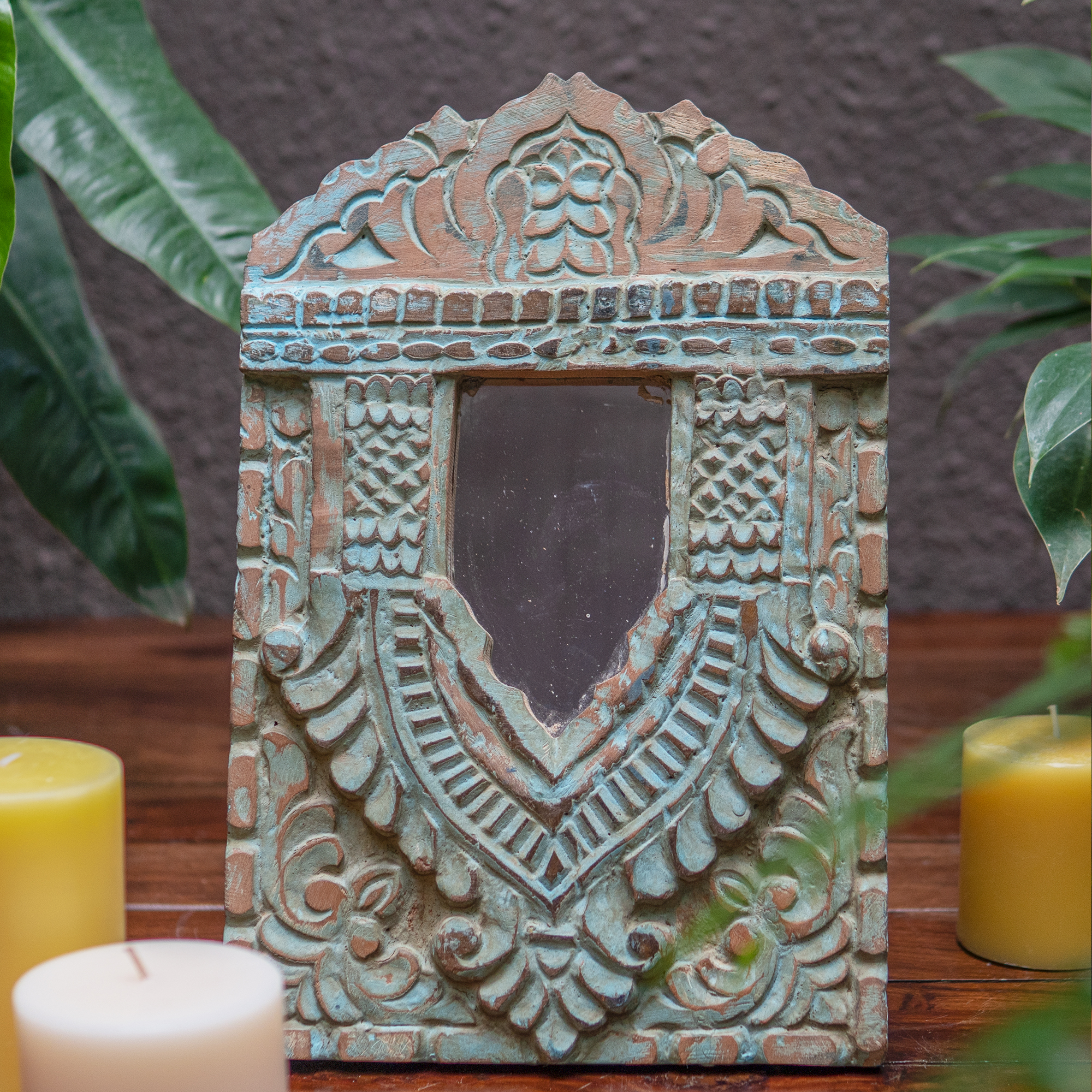 Wooden Jharoka With Mirror in Cyan Colour