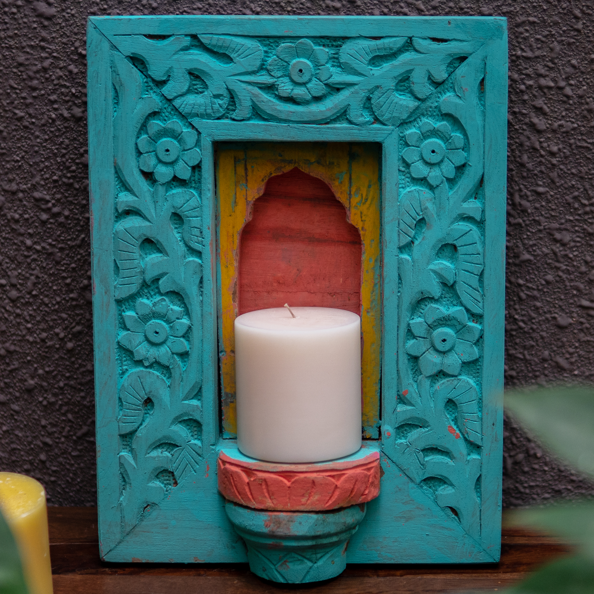 Wooden Medium Jharoka With Candle Space in Cyan