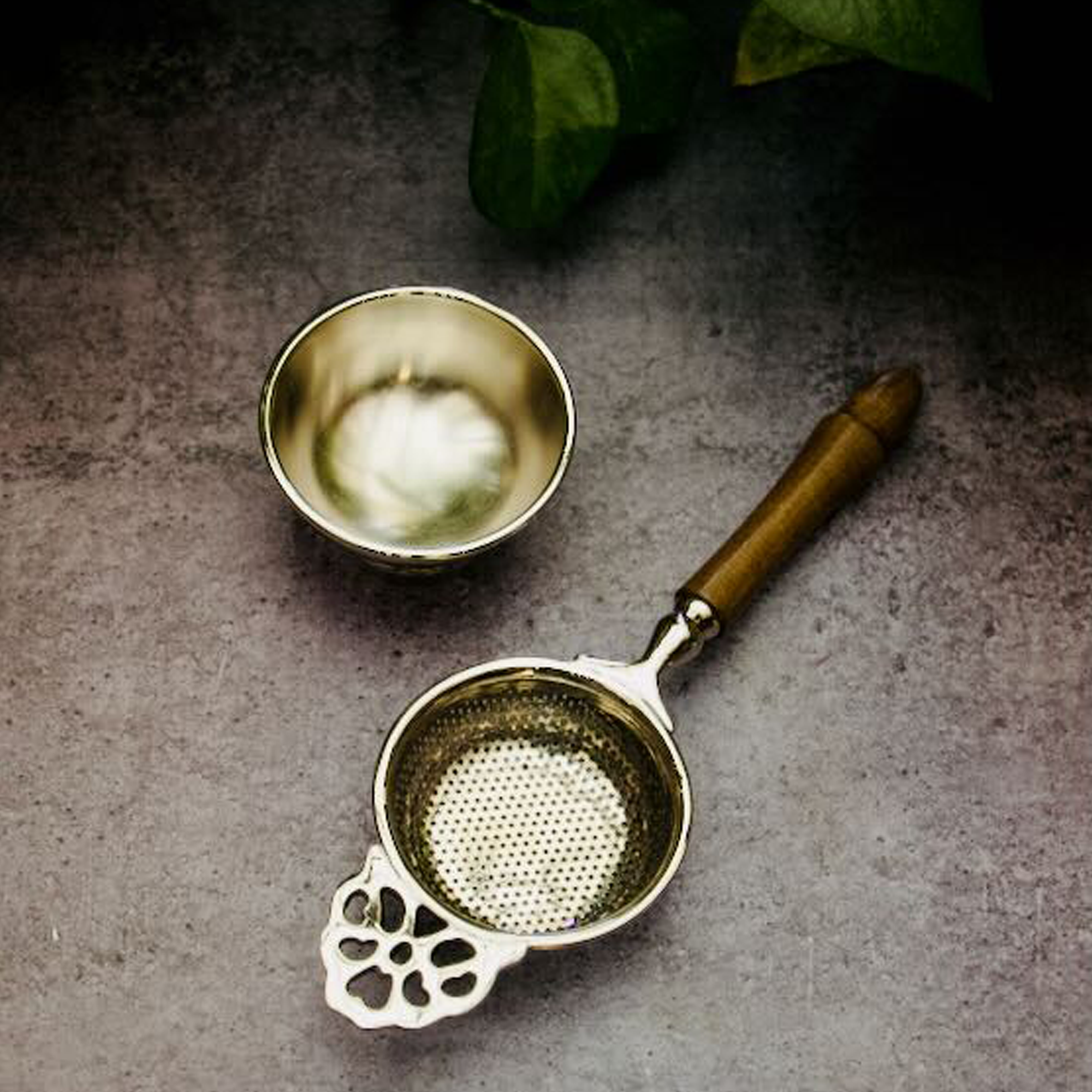 Pure Brass Punched Flower Medium Sized Tea Strainer - Steel Matte Finish With Wooden Handle and Resting Pot