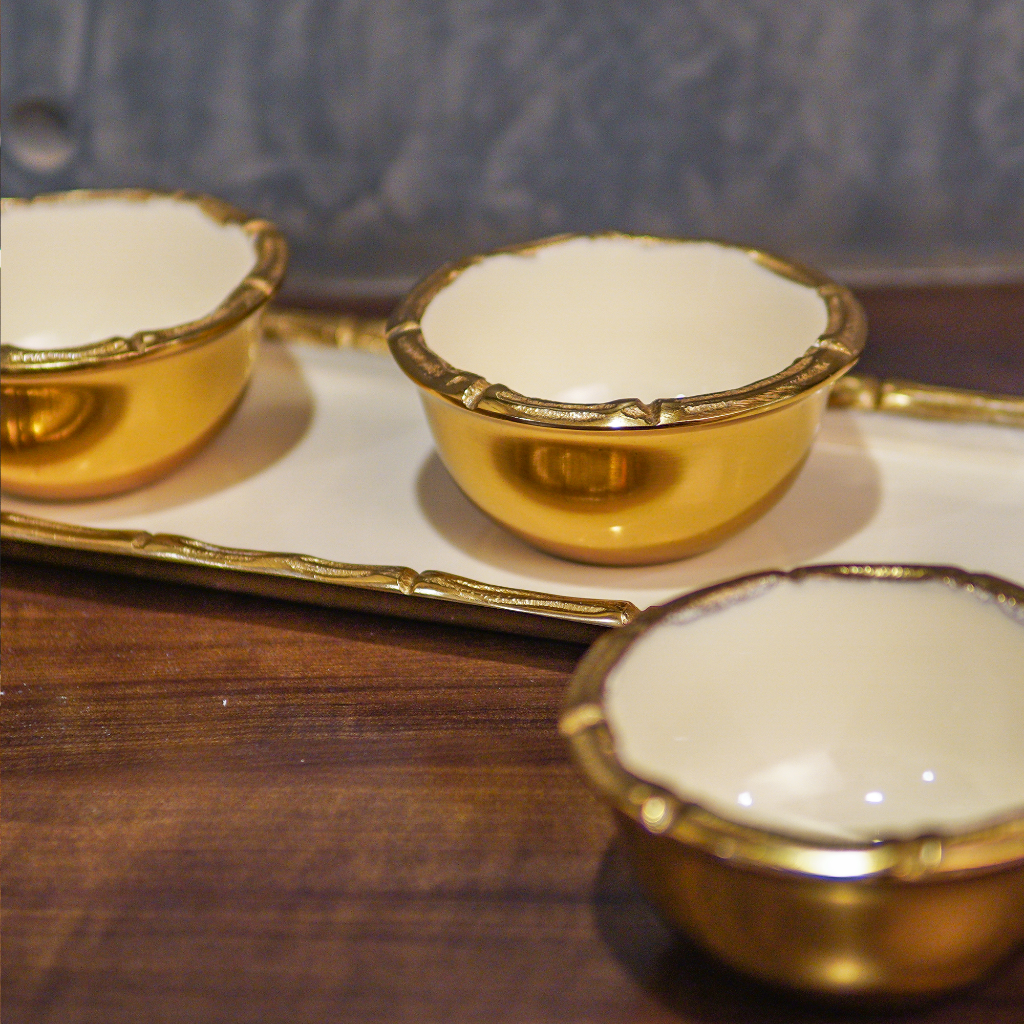 Pure Brass Golden White Platter with 3 Serving Bowls Ensemble