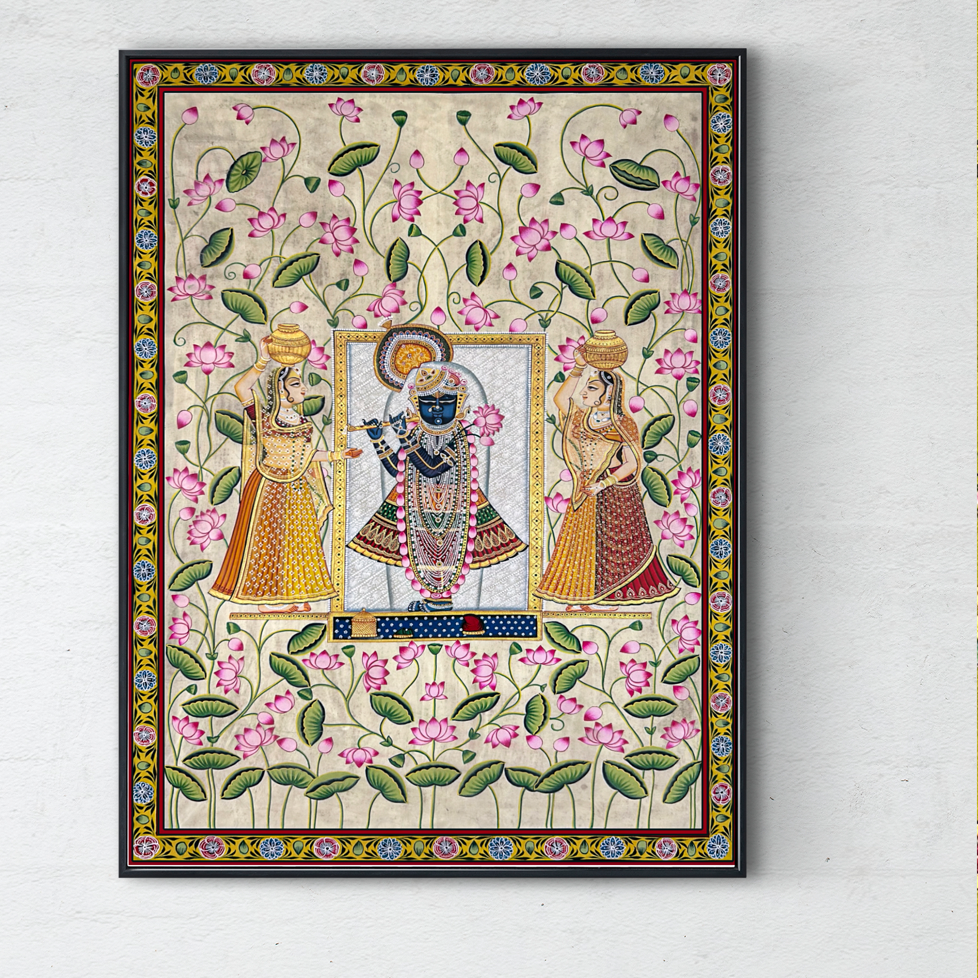 Pichwai Art - Handmade Shreenathji with Gopis and Lotus Flowers Painting