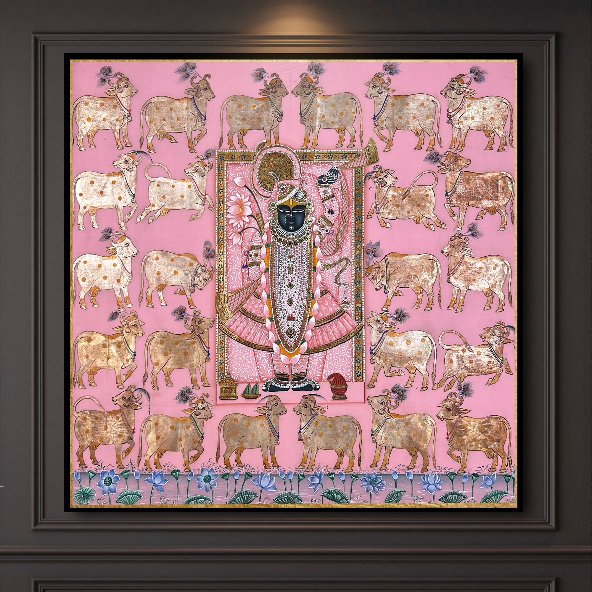 Handmade Pichwai Art - Shreenath Ji Silver Leaf Work Pink Painting