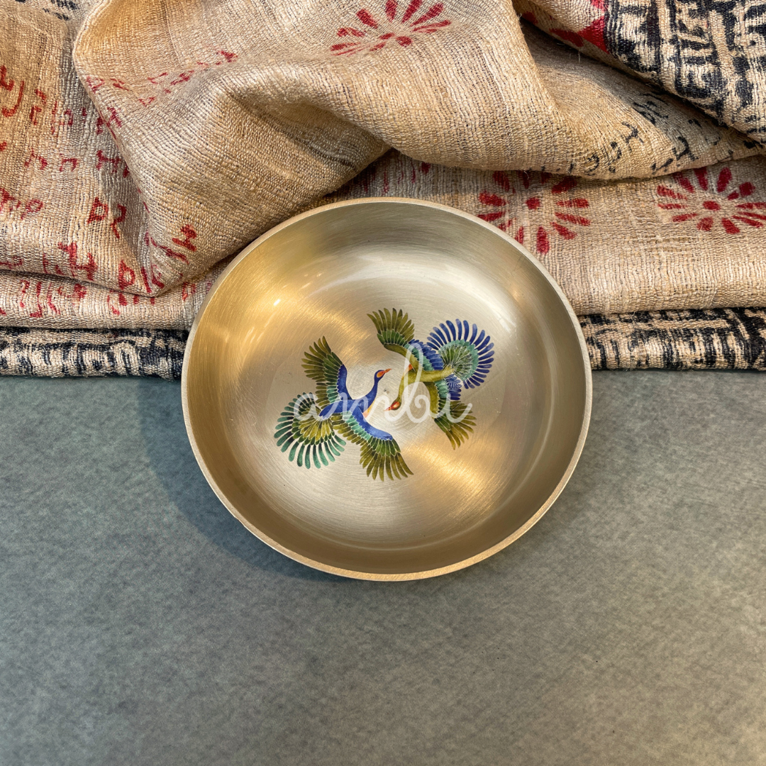 AMBI Lead Free 100% Pure Kansa Small Pattachitra birds Hand Painted Finish Plate / Dessert Plate - 4 Inch