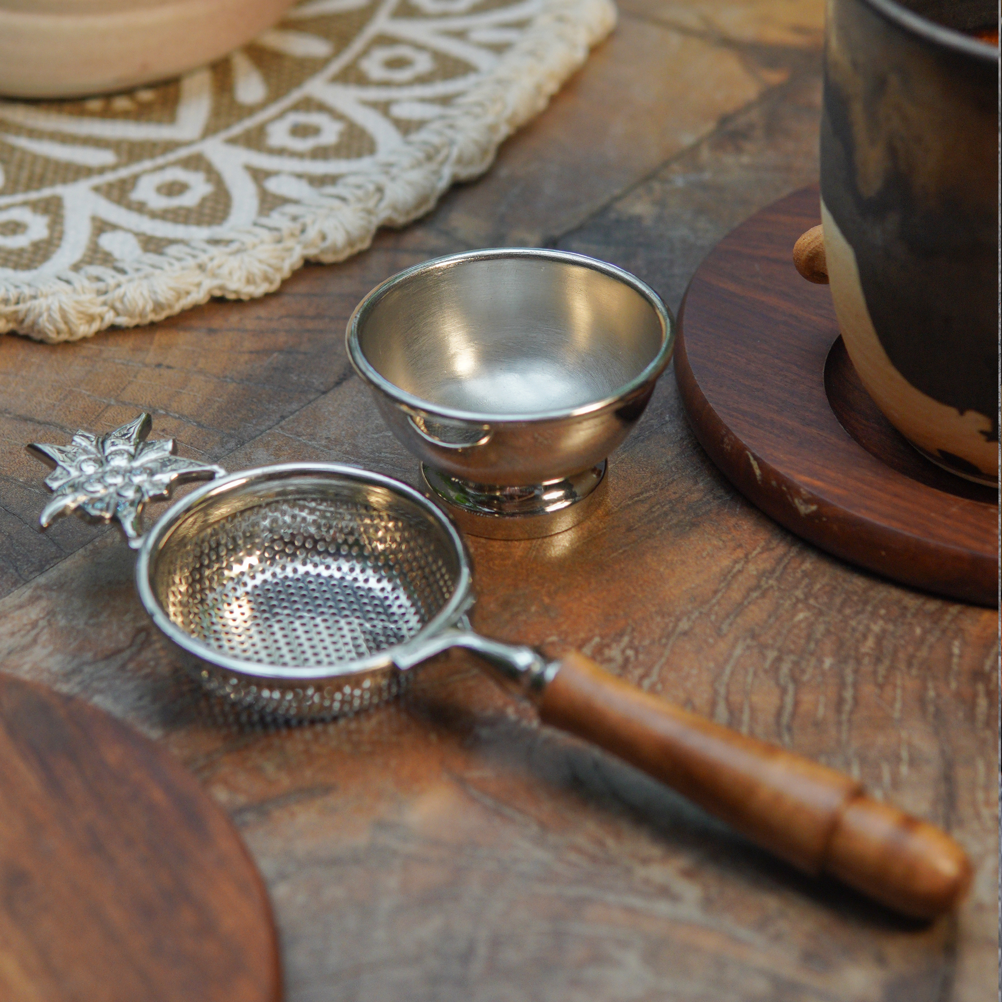 Matte Finish Brass Medium Sized Tea Strainer Silver 2 Piece Set With Wooden Holder