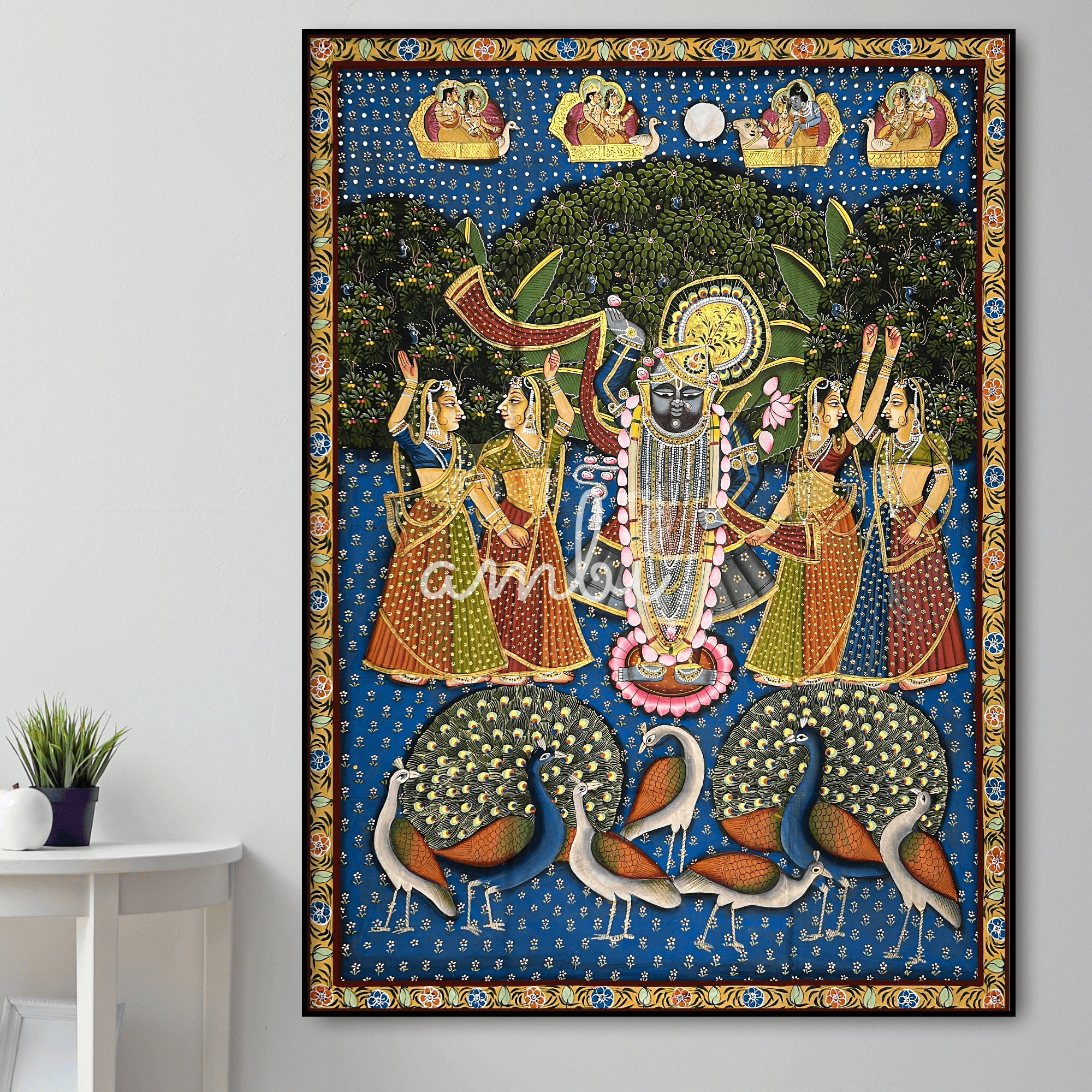 Pichwai Art - Hand Painted Shreenathji, Gopis and Peacocks Painting
