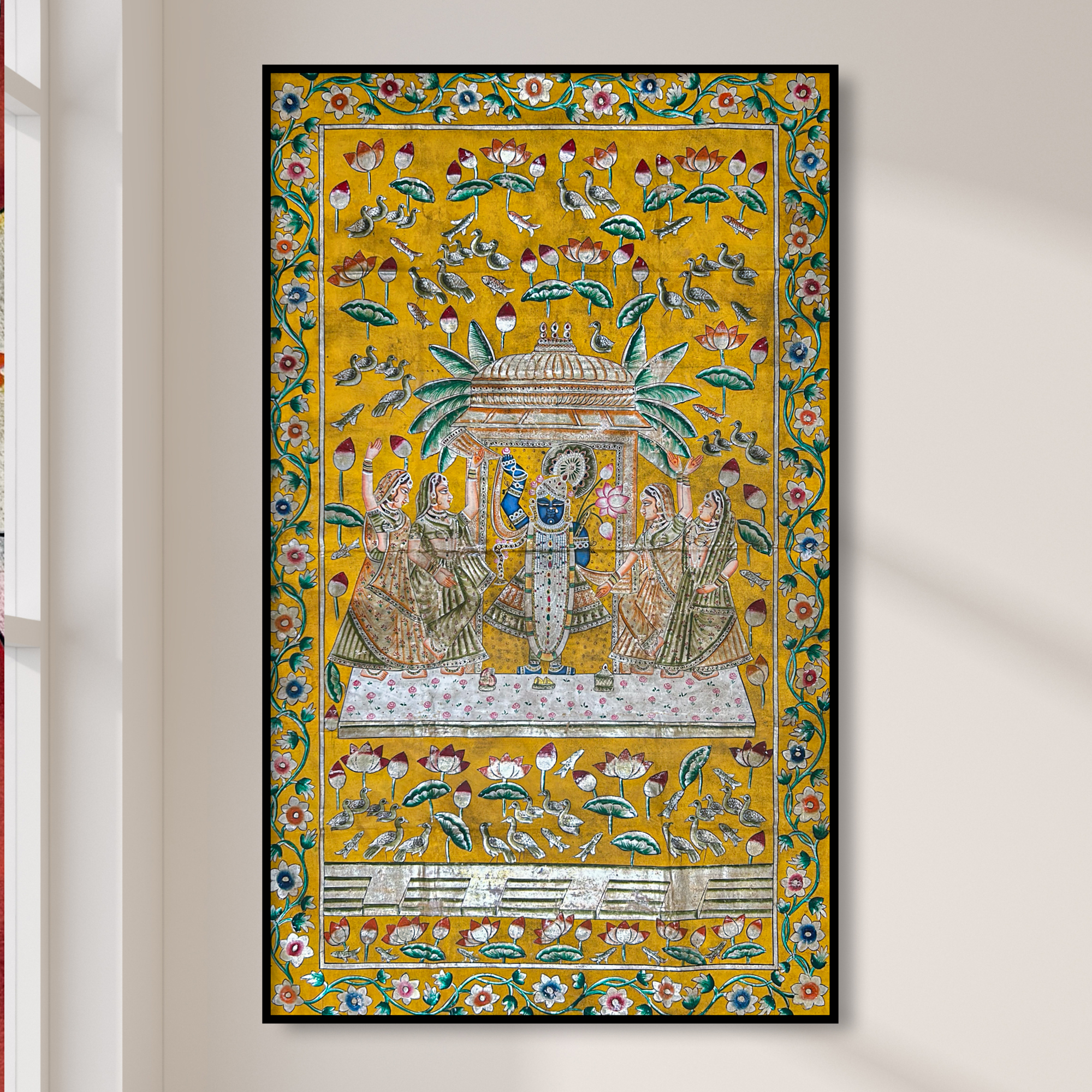 Handmade Pichwai Art - Sharath Utsav Shreenathji Pichwai Silver Gold Leaf Painting