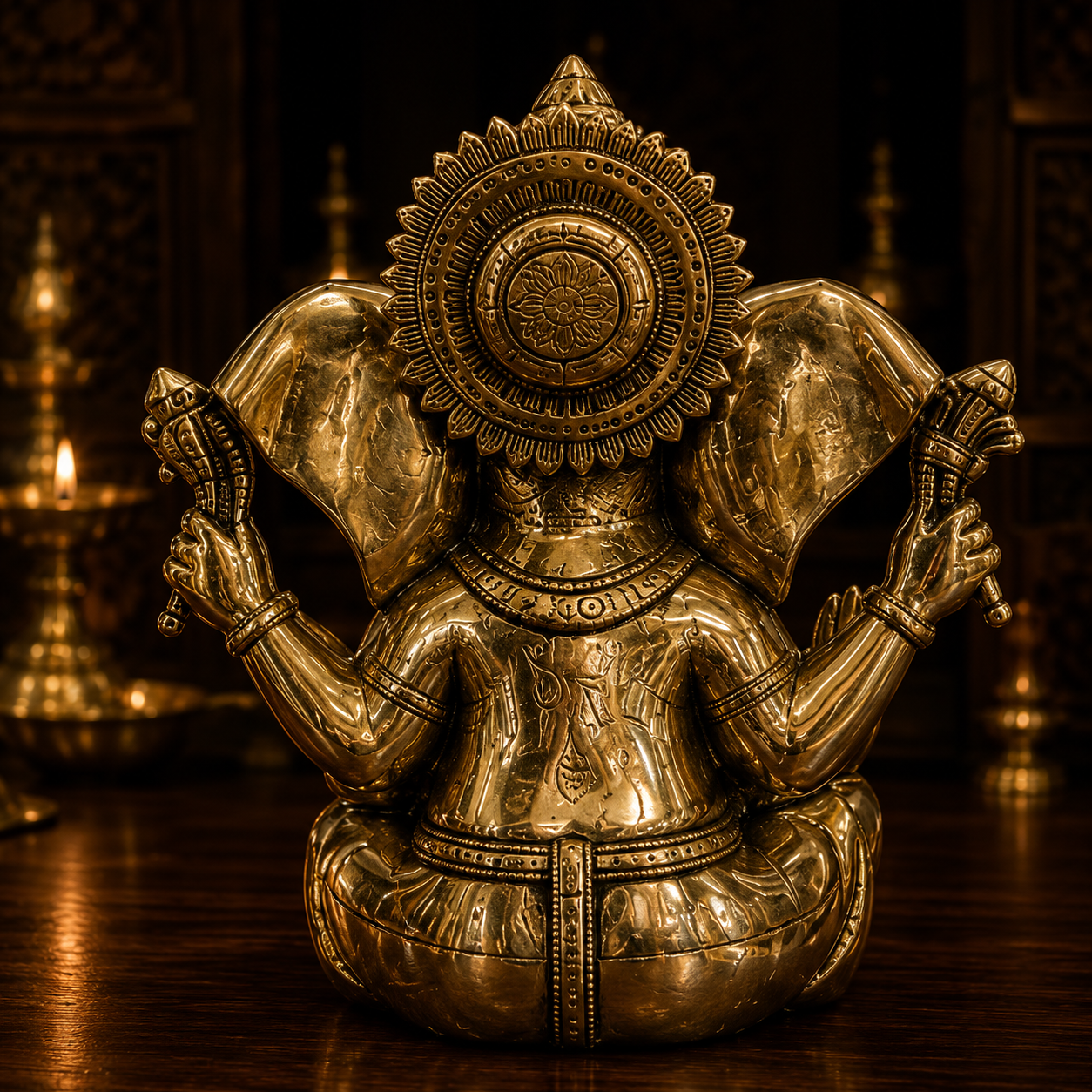 A polished brass Lord Ganesha idol shown from the back, seated on a dark wooden surface with a warm, atmospheric background of lit oil lamps.